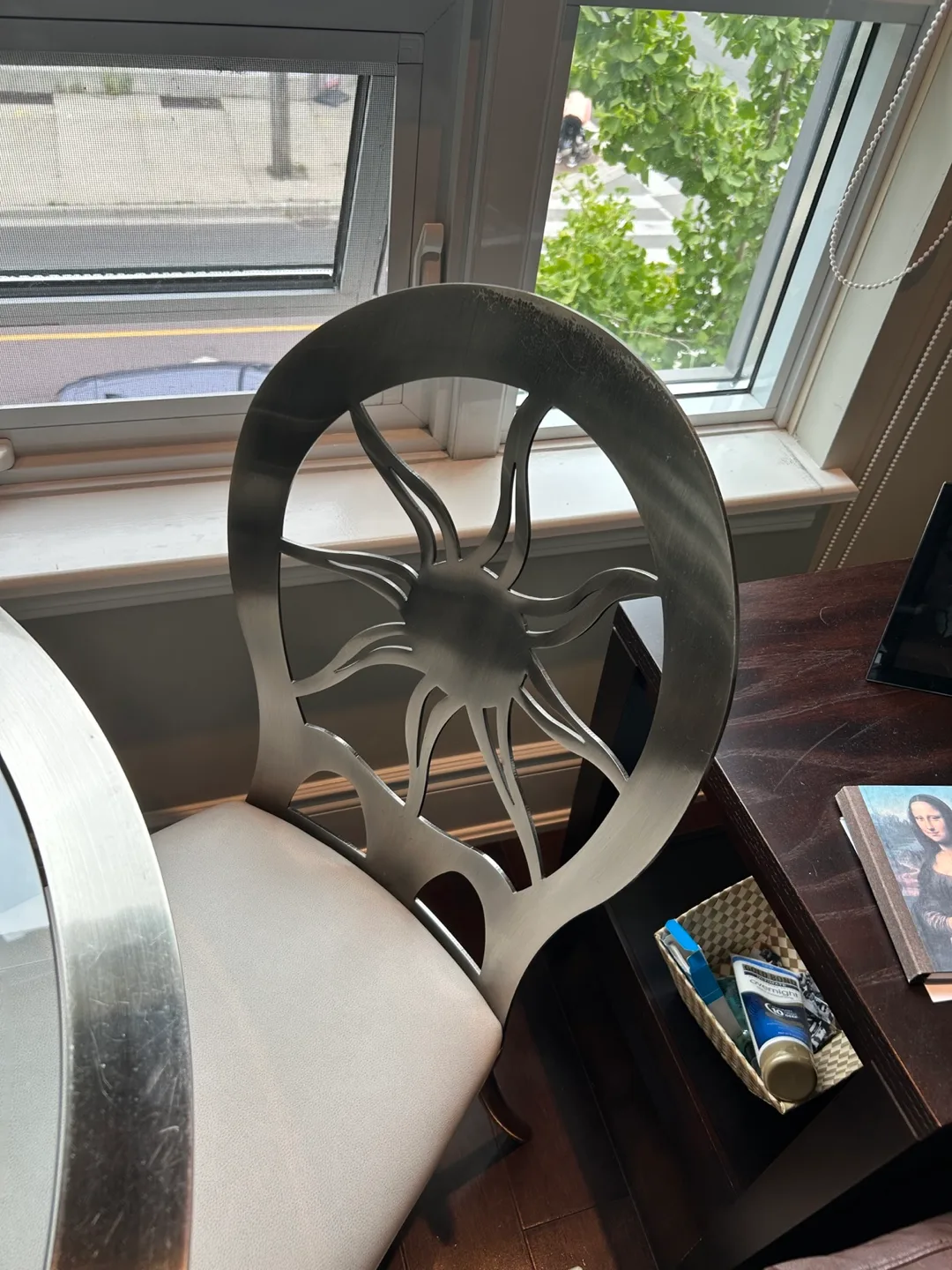 Indoor Glass Dining Table with 2 Sunburst Chairs image indicator(3)