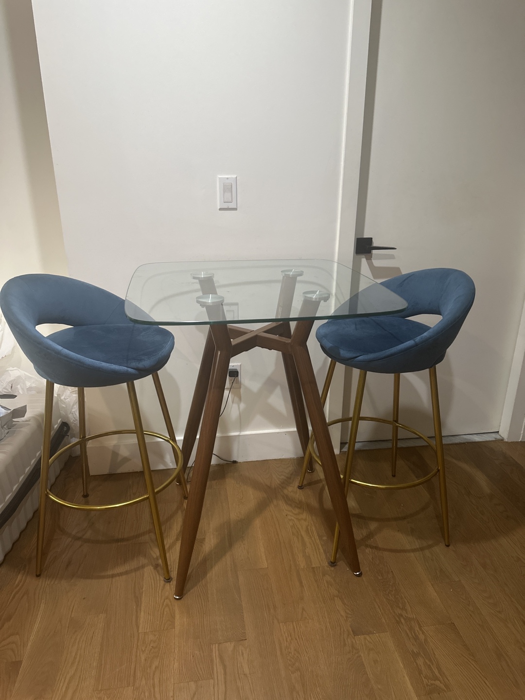 Glass Bar Table with 2 Blue Velvet Bar Stools - photo 2