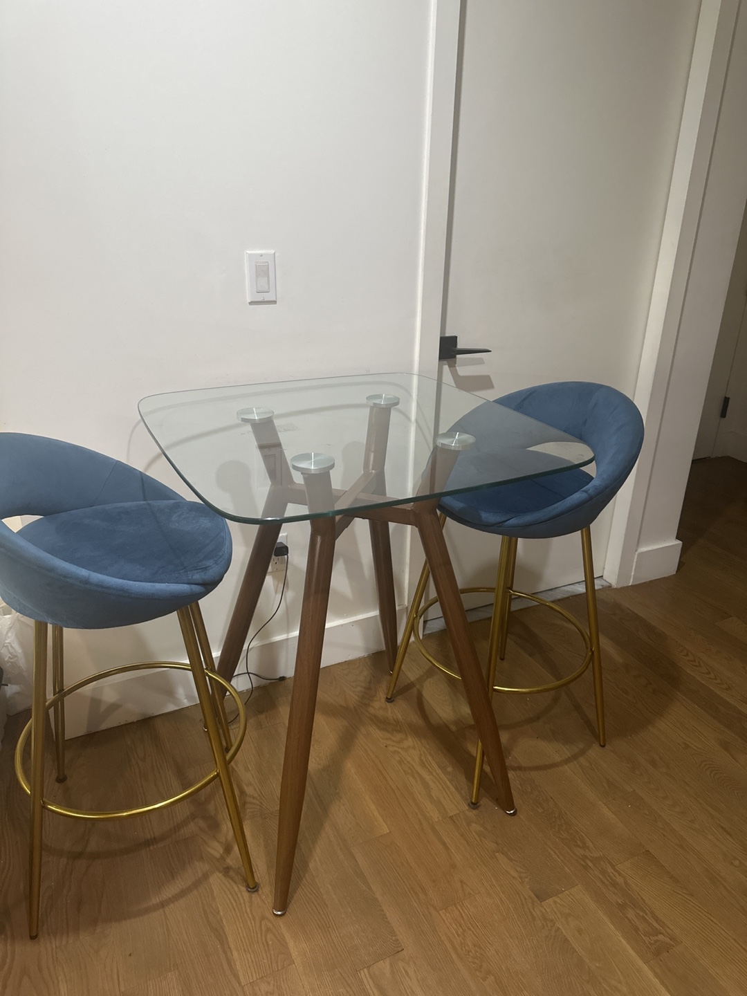 Glass Bar Table with 2 Blue Velvet Bar Stools - photo 3