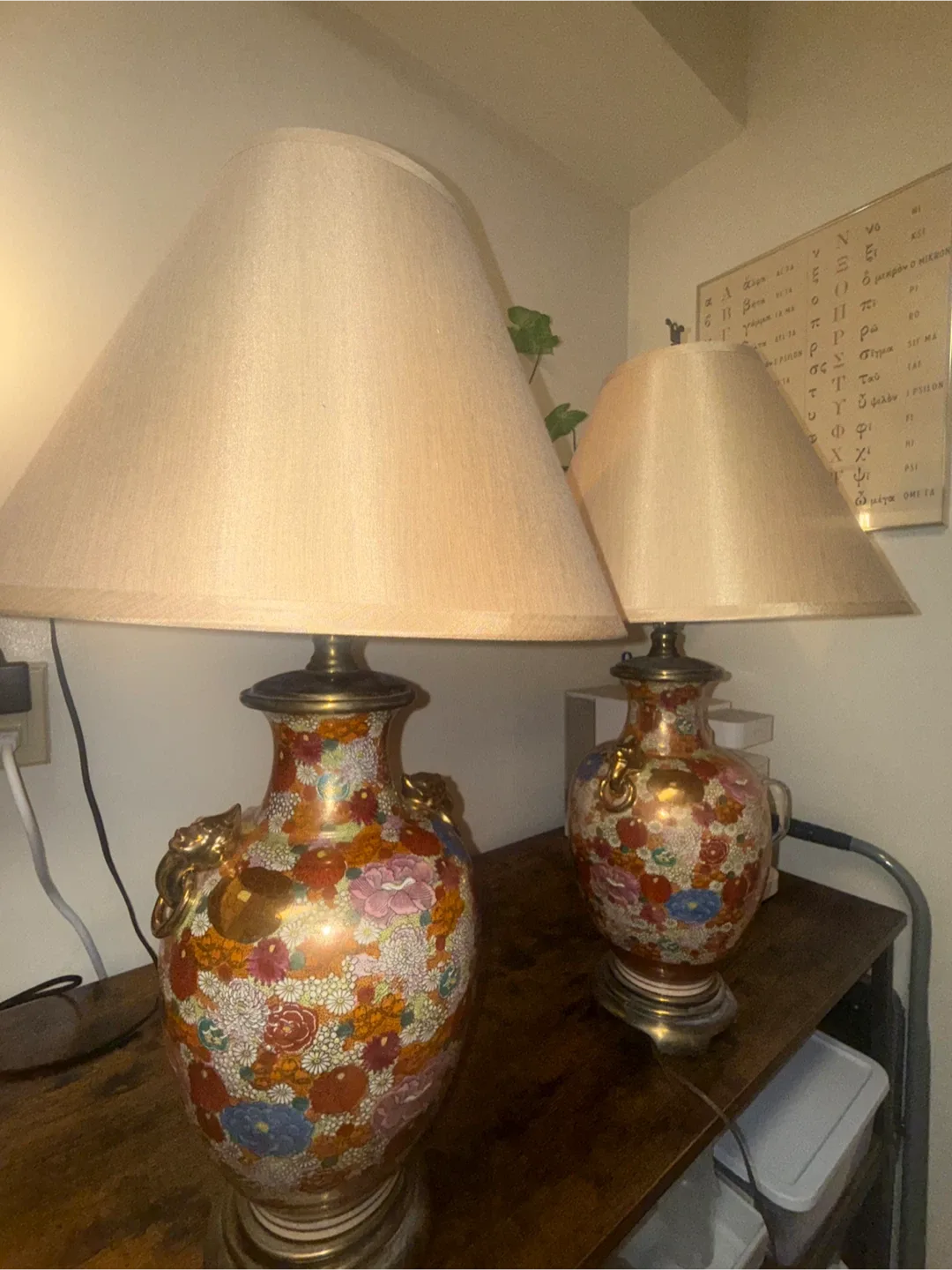Vintage Hand-Painted Asian Floral Table Lamps - Symbolic Finials image indicator(5)