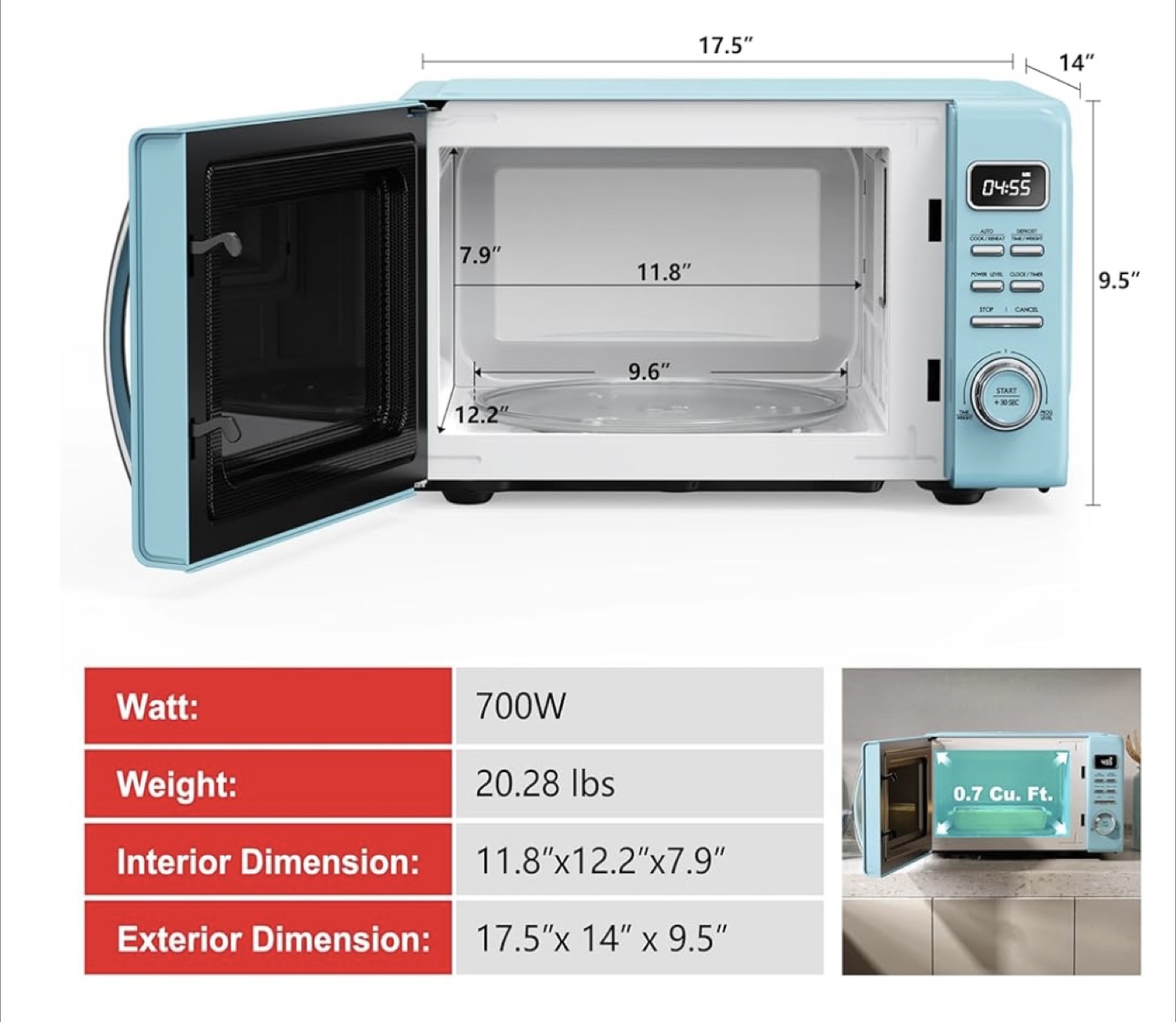BRAND NEW Galanz 0.7 CF Retro Microwave Oven - Blue - photo 4