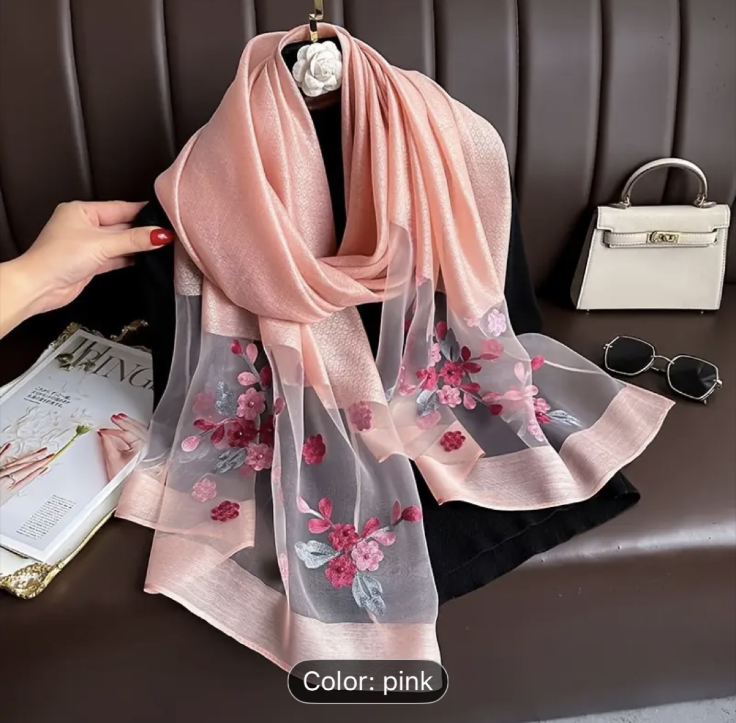 Floral Embroidered Scarf - Pink - photo 2