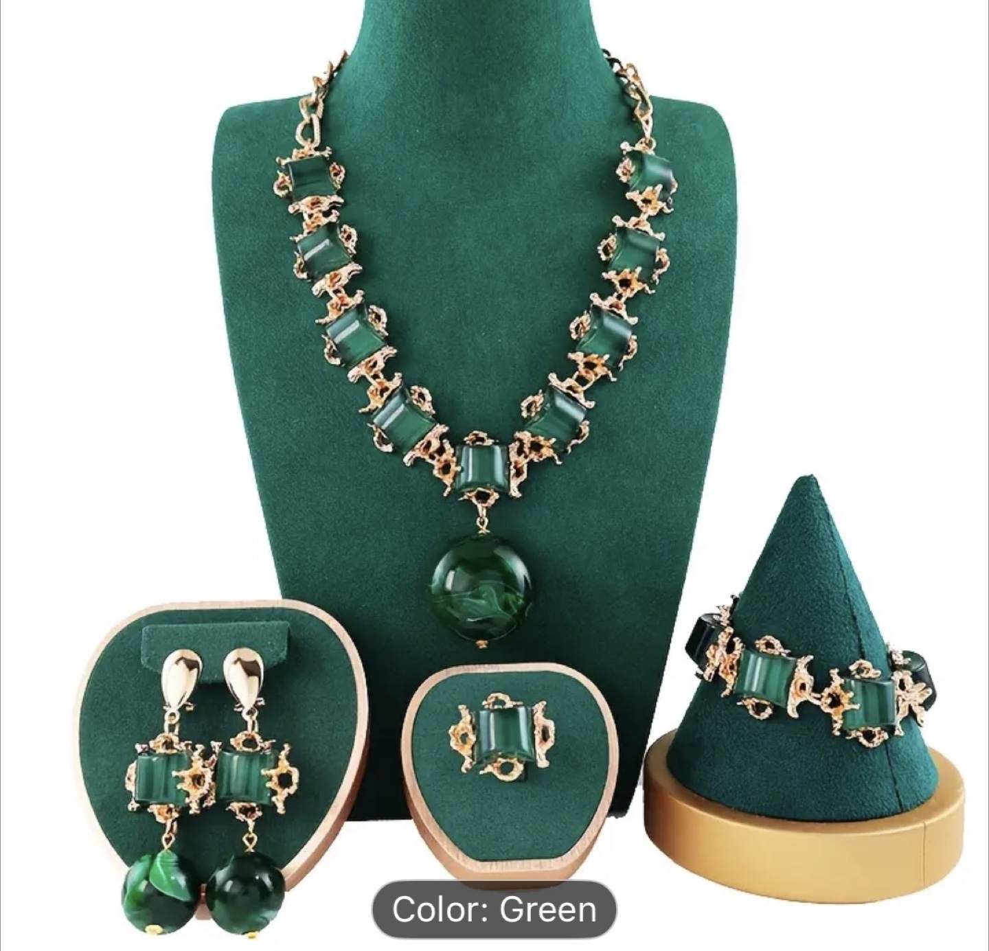Green Jewellery Set - Necklace, Earrings, Bracelet, Ring