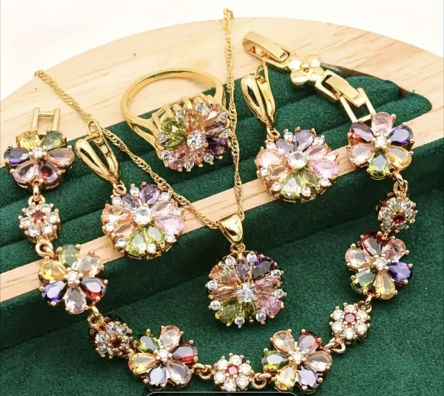 Floral Jewelry Set: Necklace, Bracelet, Earrings, Ring