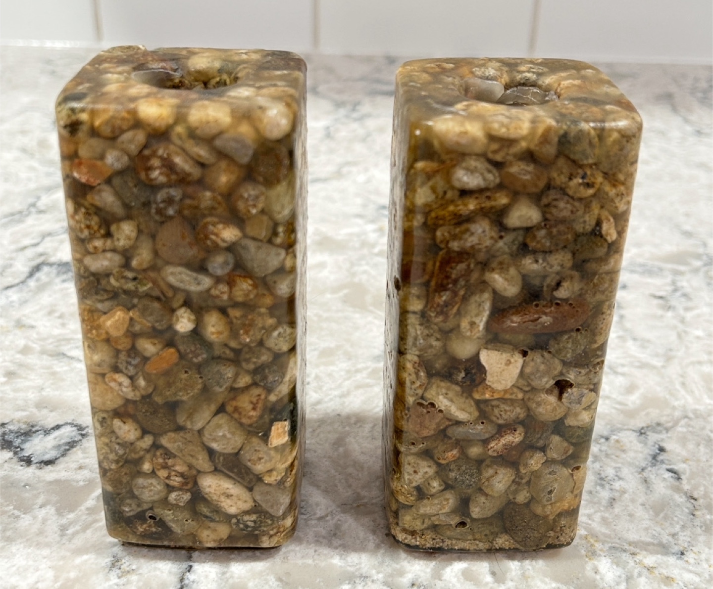 Vintage Stone Mill Design Pebble and Resin Taper Candle Holders