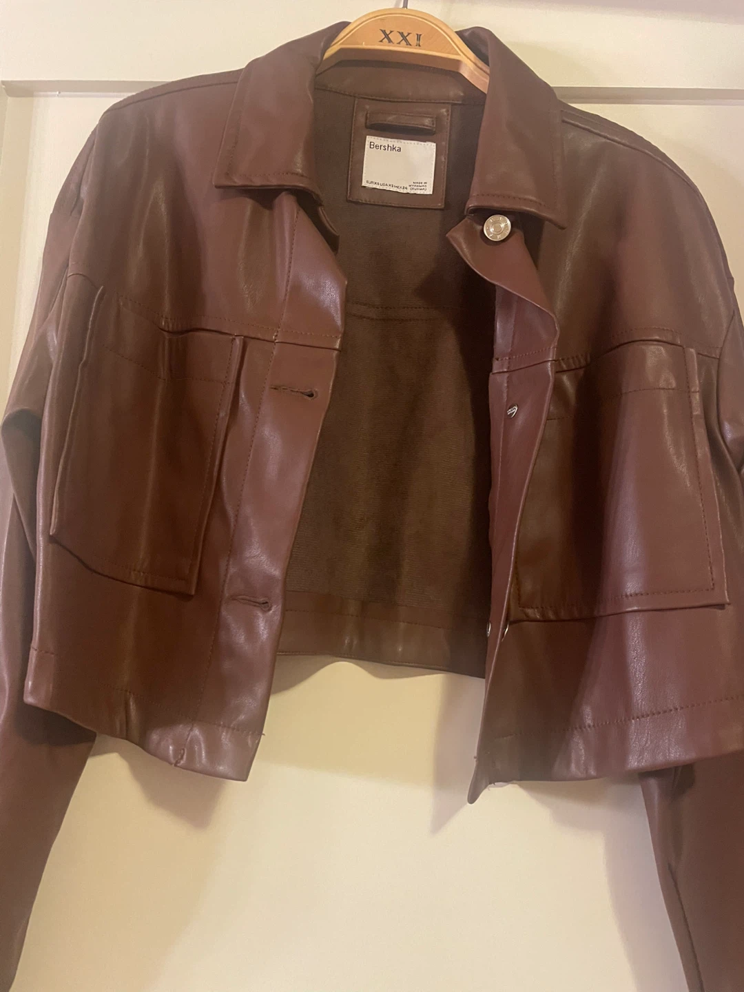Bershka Brown Faux Leather Cropped Jacket XS