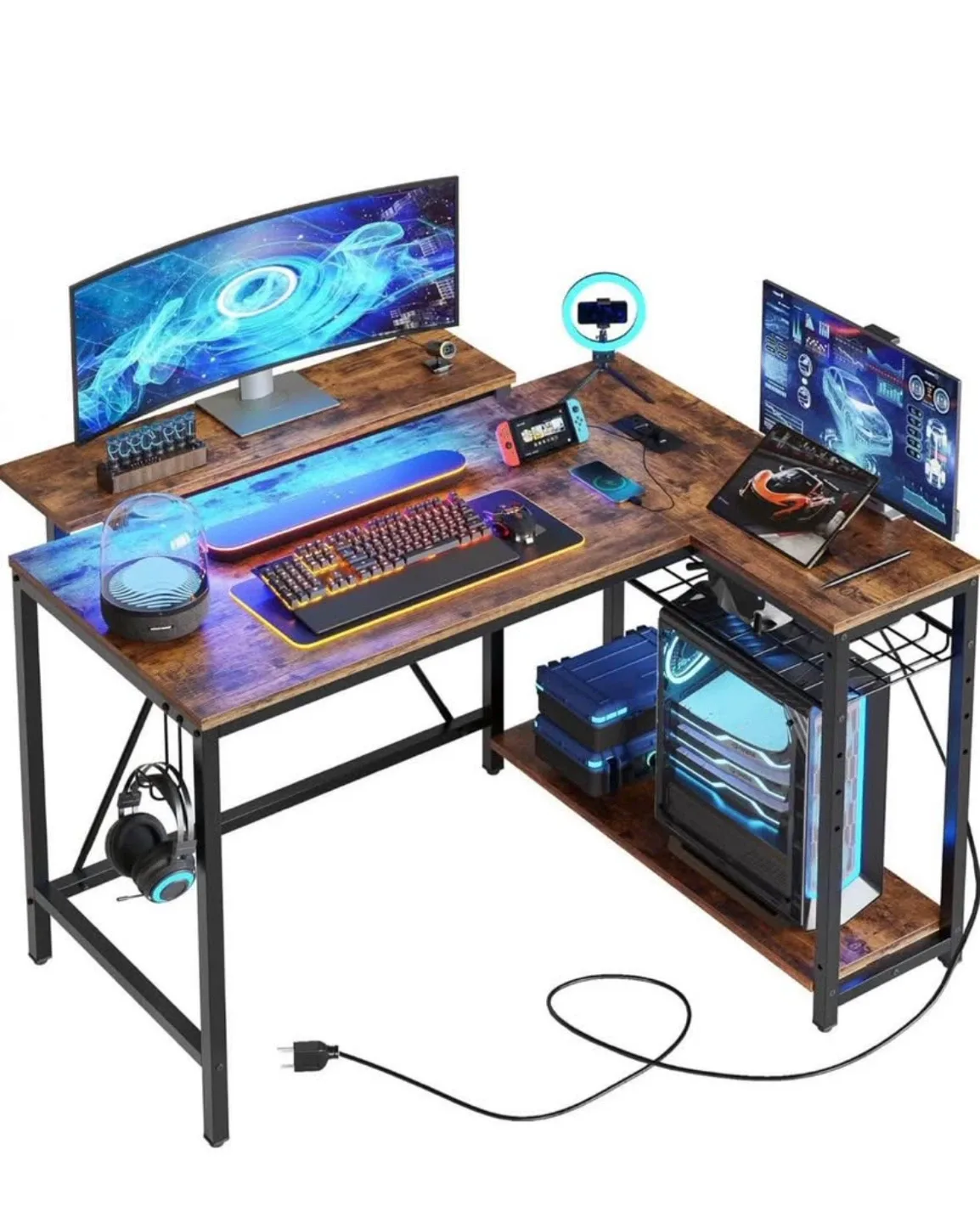 L-Shaped Desk with Shelves, Carbon Fiber Black thumbnail