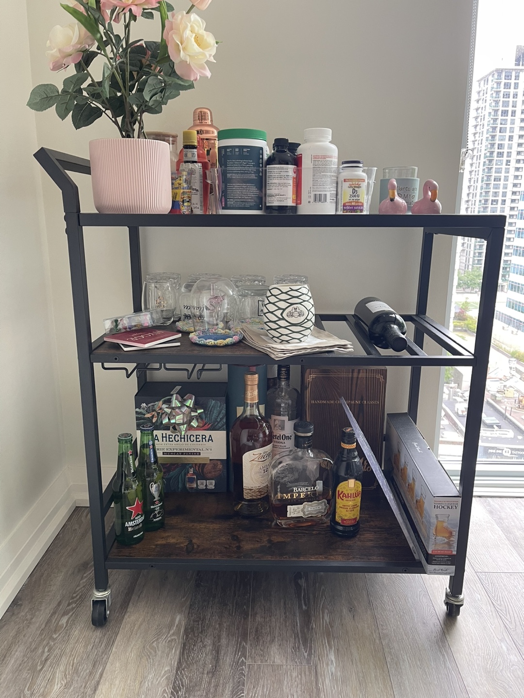 Rolling Bar Cart with Metal Frame