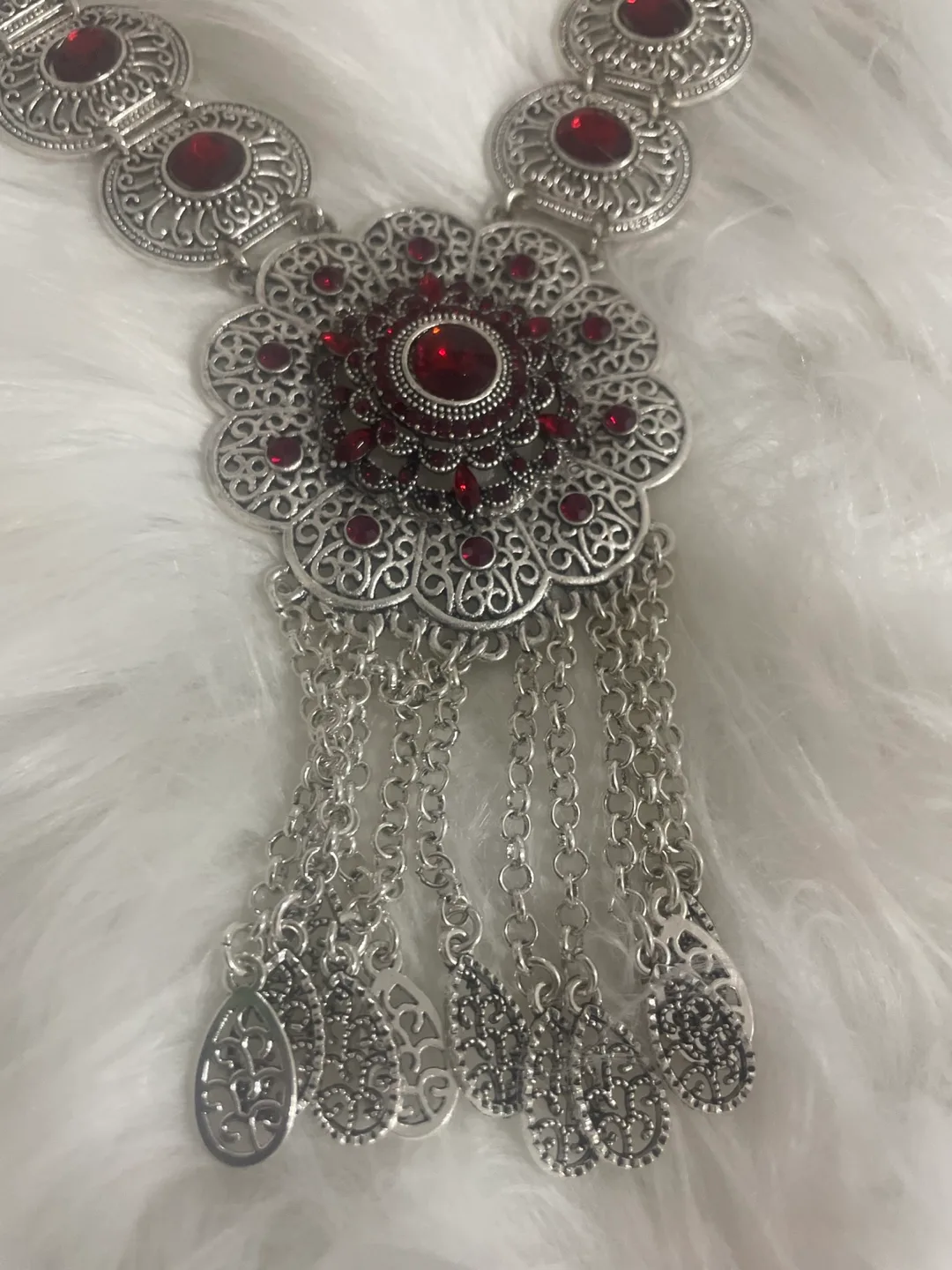 Bohemian Style Silver & Red Statement Necklace image indicator(2)