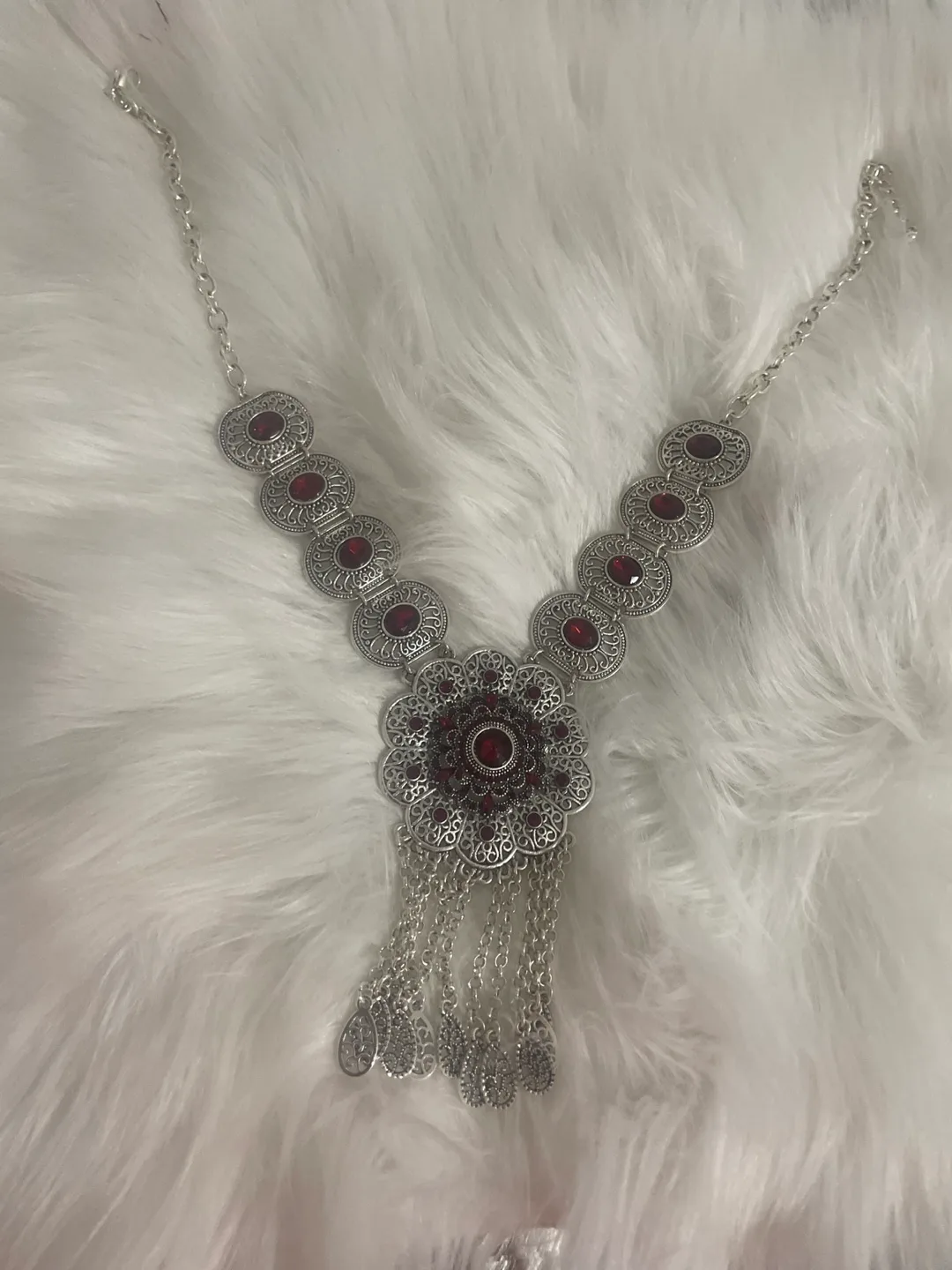 Bohemian Style Silver & Red Statement Necklace image indicator(4)