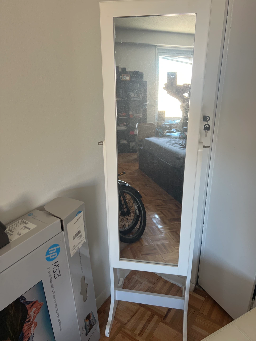 White Mirrored Jewelry Armoire + Ottoman