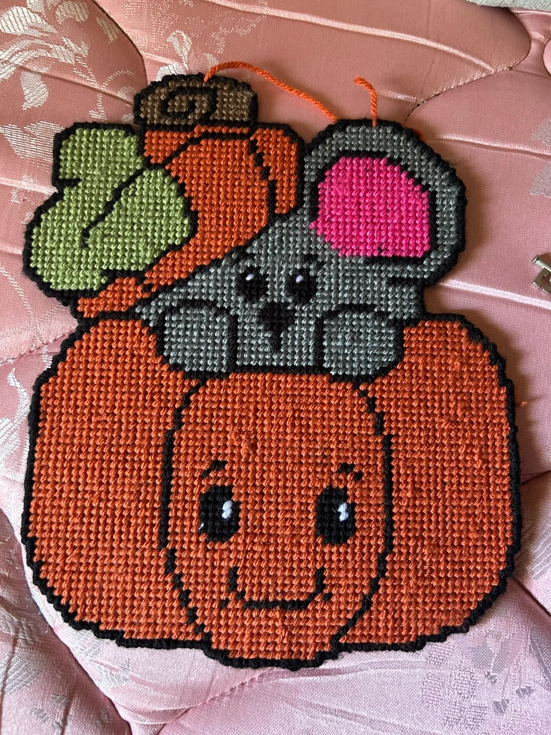 Handmade Cross Stitch Pumpkin & Mouse wall hanging thumbnail