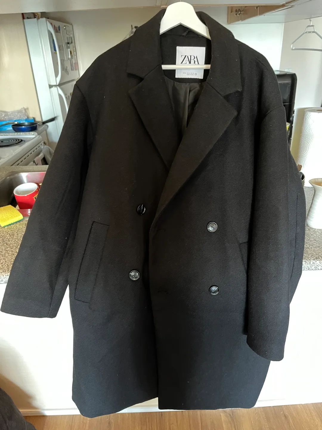 Zara Black Wool Blend Double Breasted Coat - Size M image indicator(2)