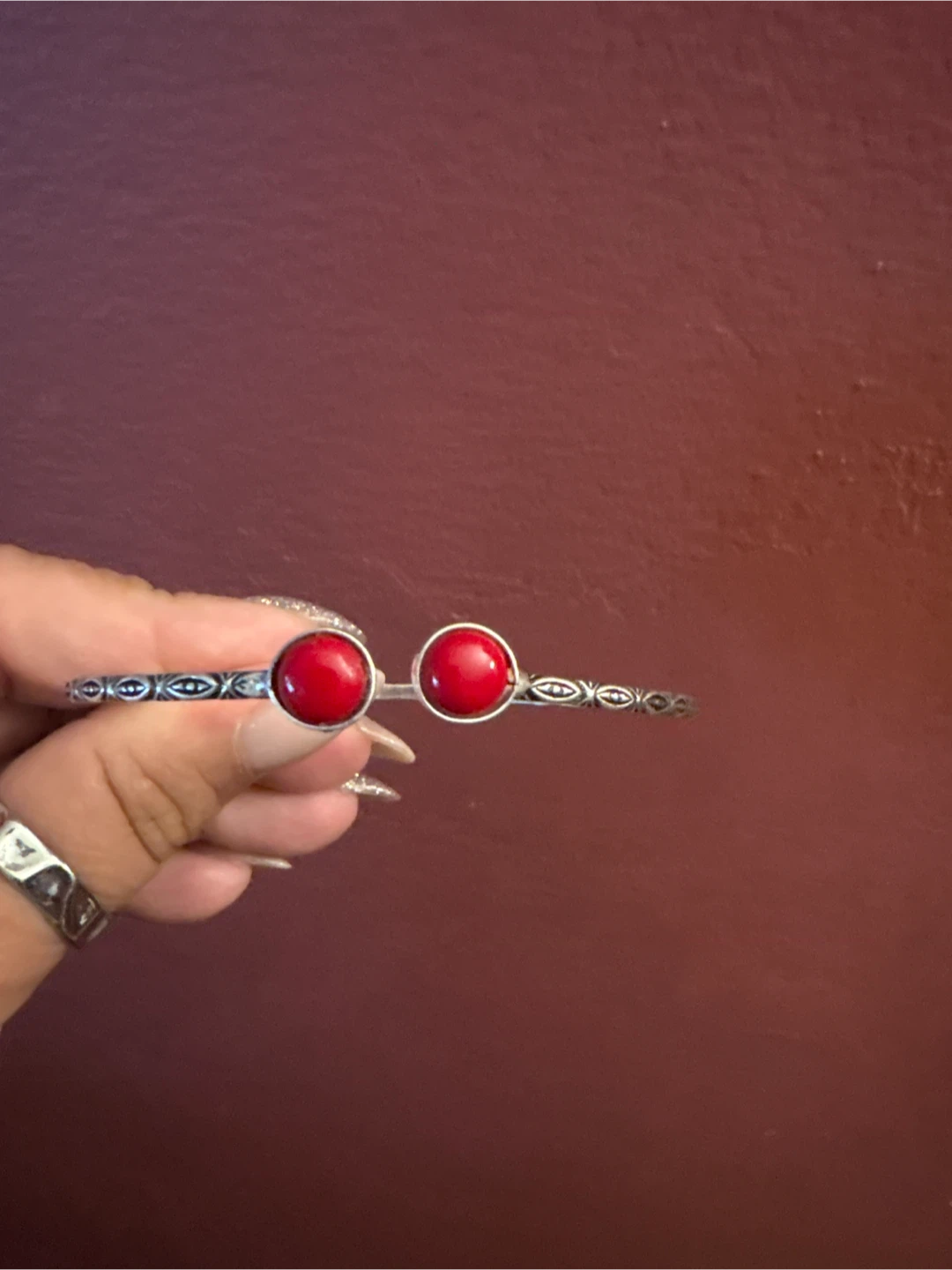 Silver Tone Bangle with Red Stones