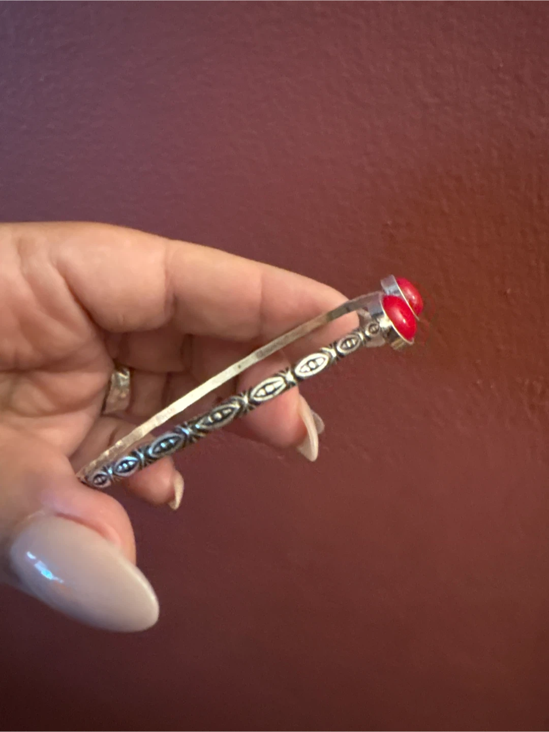Silver Tone Bangle with Red Stones - photo 2