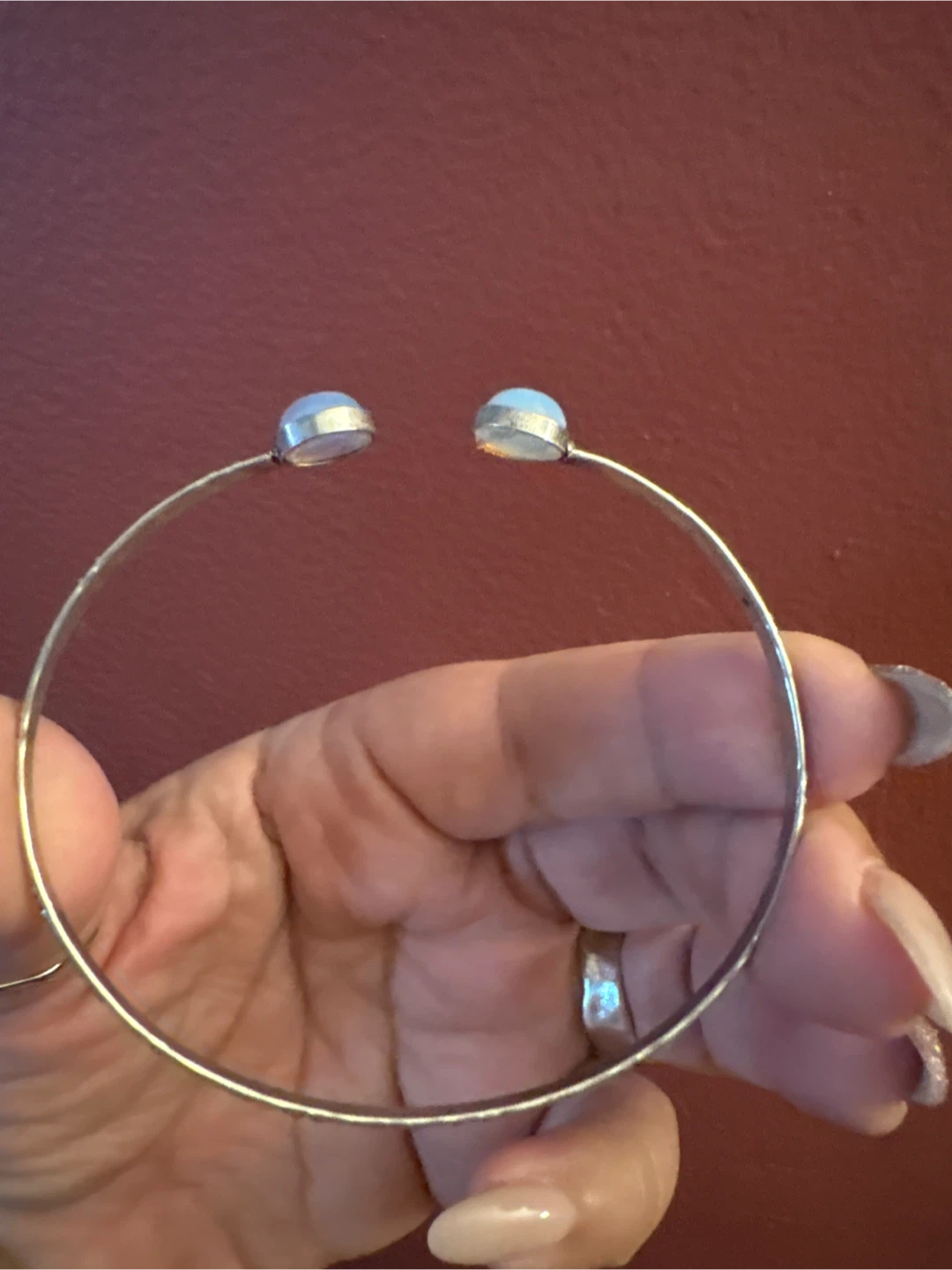 Silver Tone Bangle Bracelet with Moonstone-like Beads - photo 2