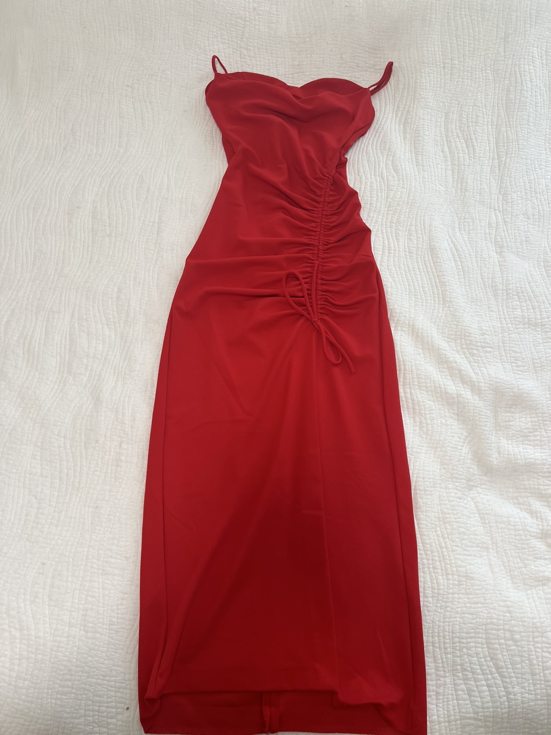 Zara Red Ruched Slit Midi Dress- Size S - photo 2