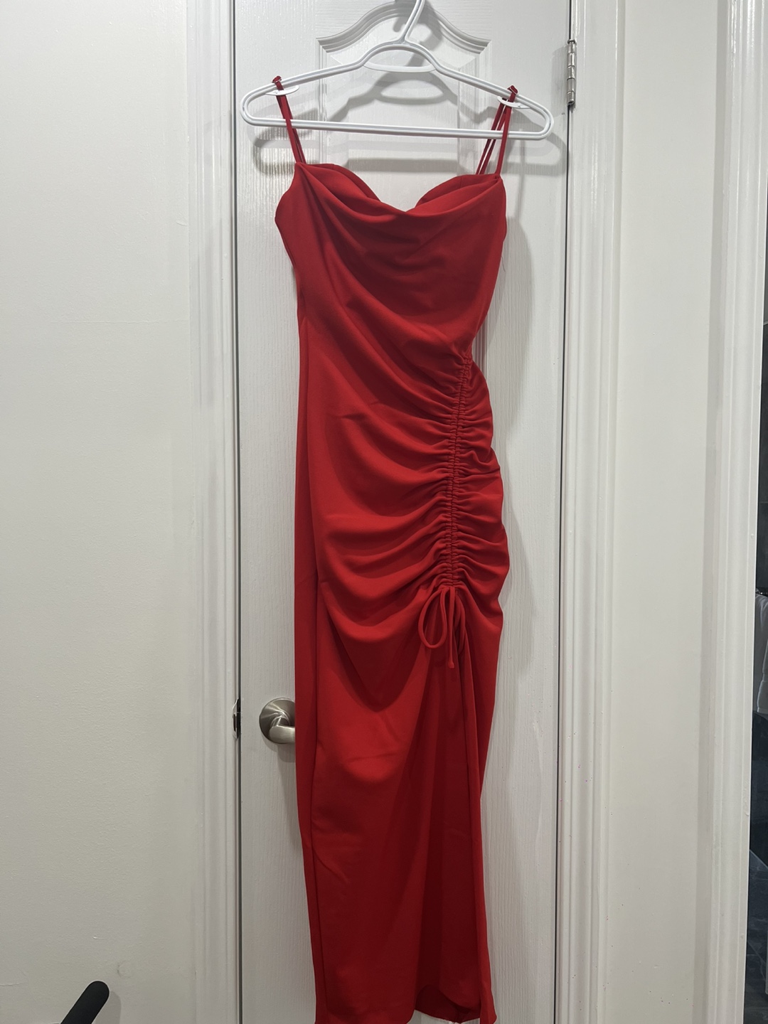 Zara Red Ruched Slit Midi Dress- Size S