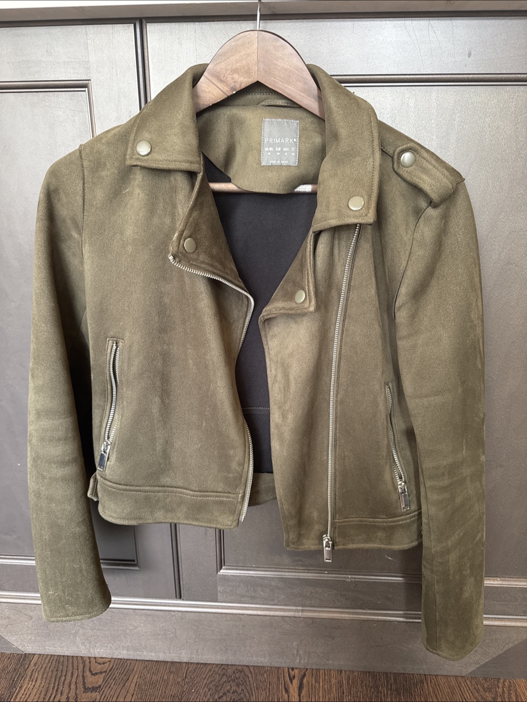 Primark Olive Green Suede Biker Jacket - Size 6