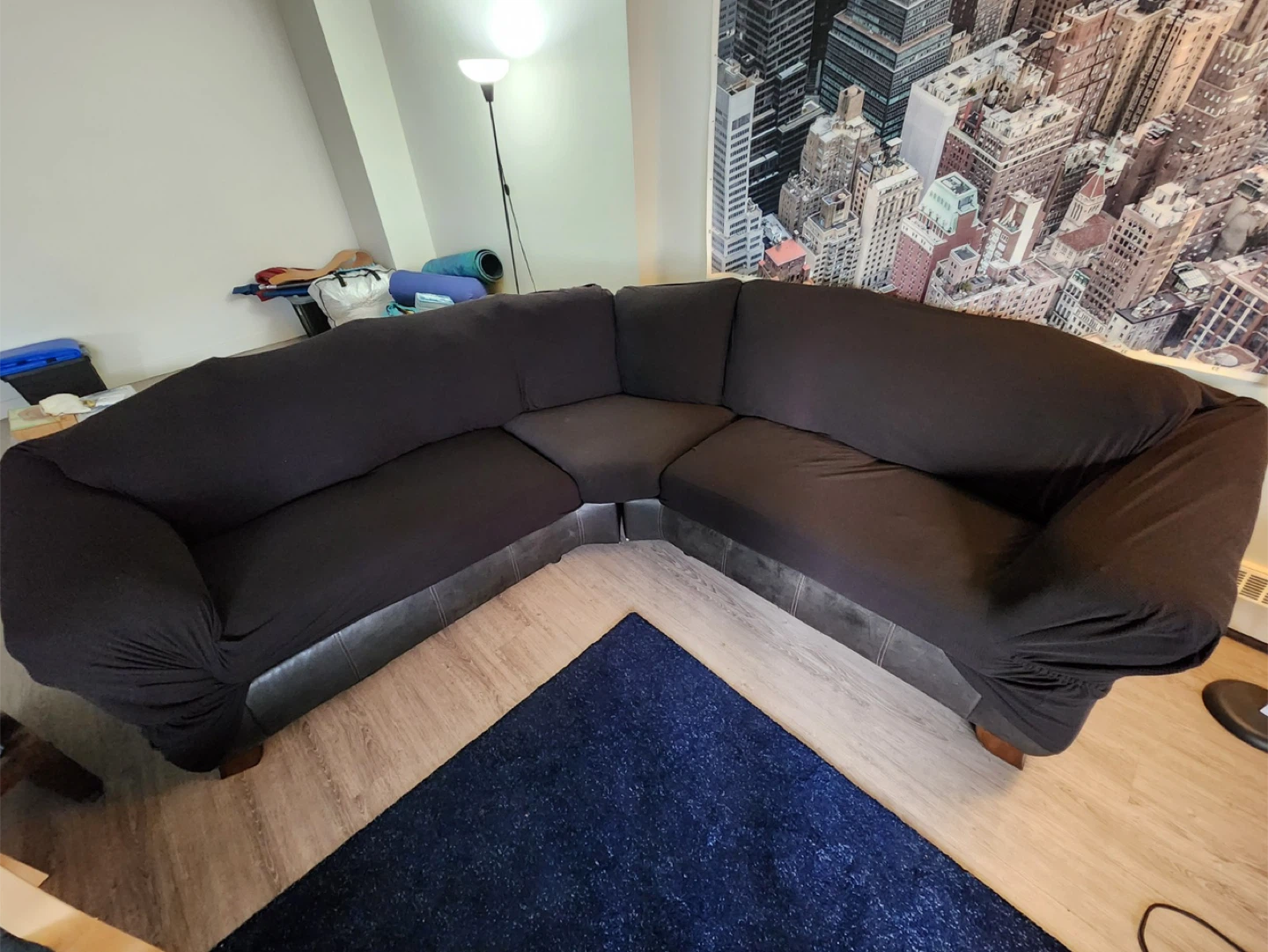 Worn Black Leather Sectional Sofa