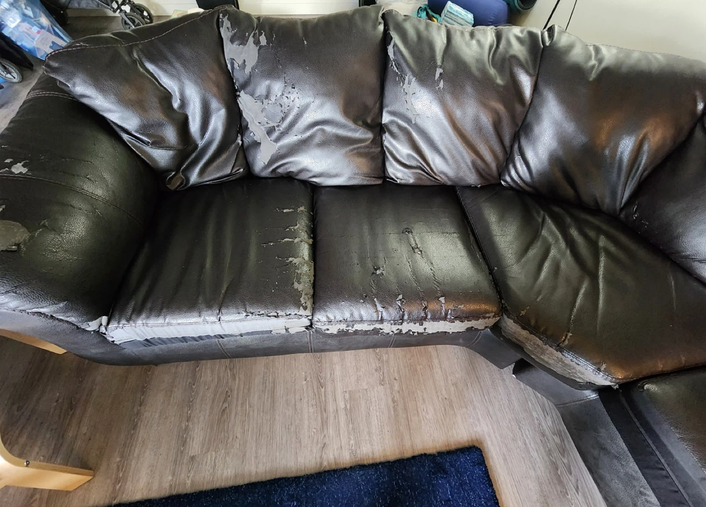 Worn Black Leather Sectional Sofa - photo 5