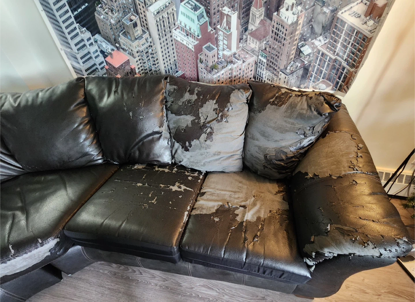 Worn Black Leather Sectional Sofa - photo 3