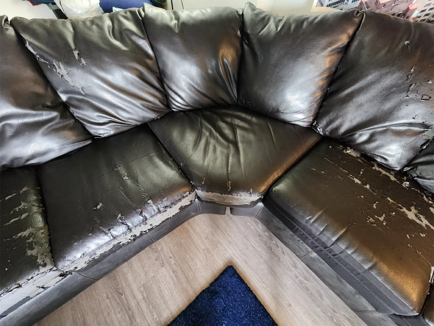 Worn Black Leather Sectional Sofa - photo 4