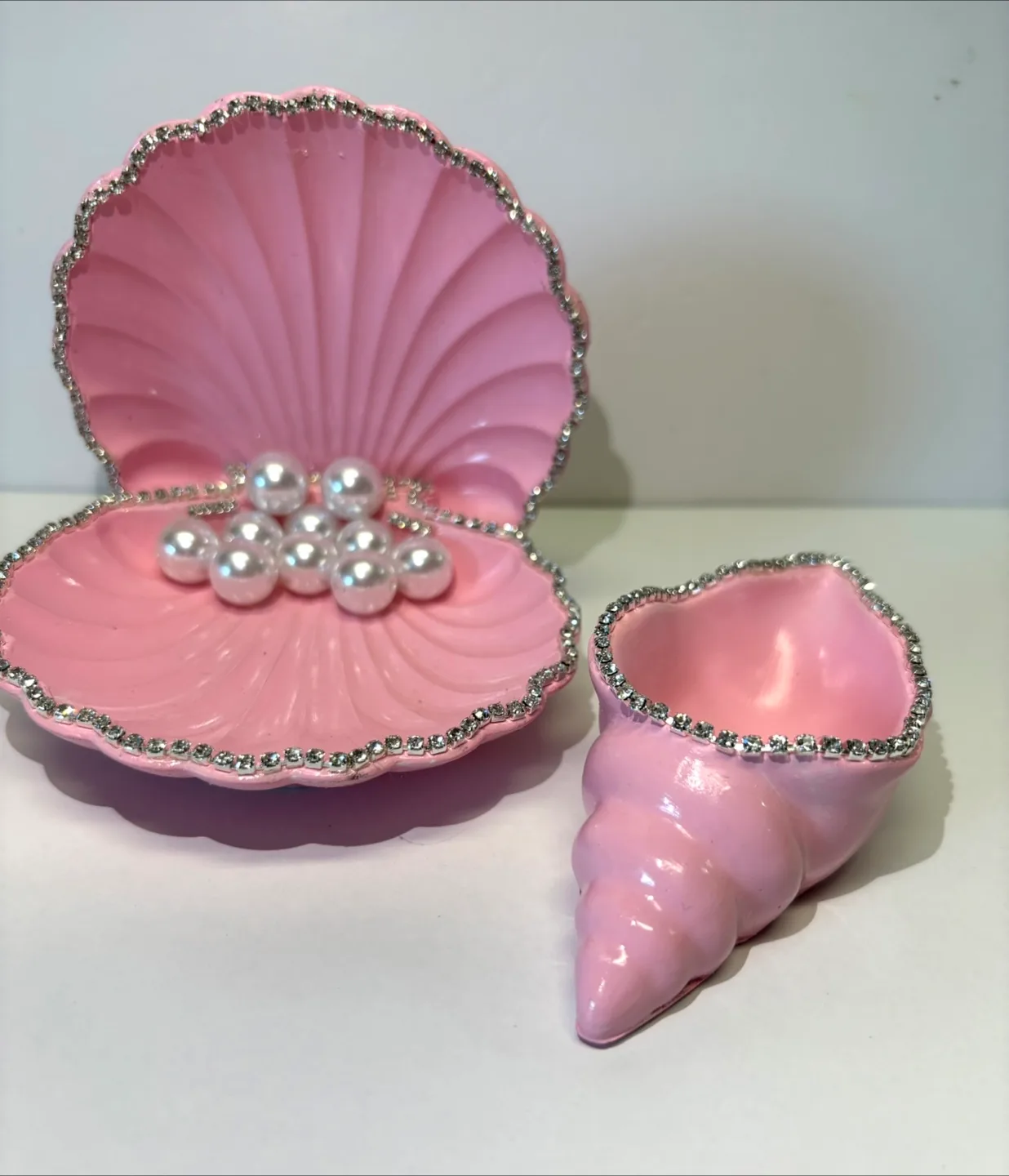 handmade pink seashell trinket set |jewelry holder coastal decor thumbnail