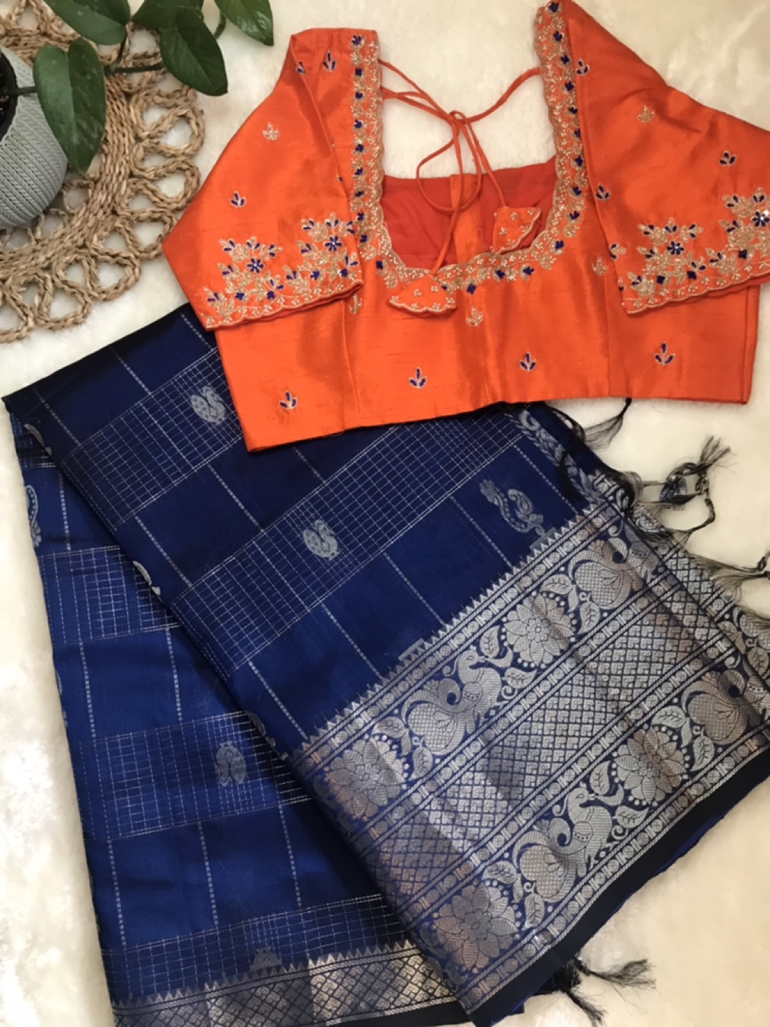 Blue & Orange Saree with Embellished Blouse