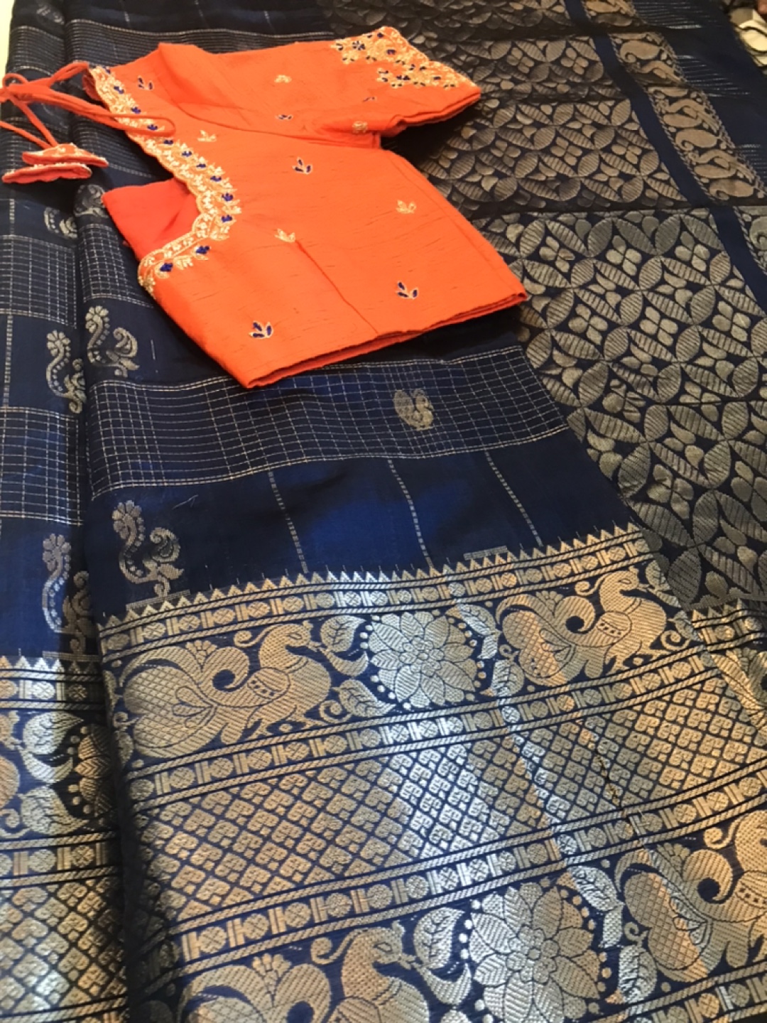 Blue & Orange Saree with Embellished Blouse - photo 2