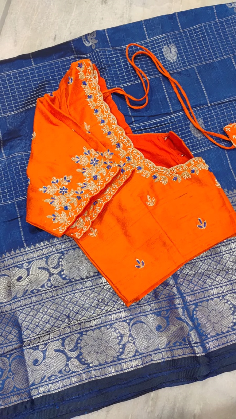 Blue & Orange Saree with Embellished Blouse - photo 4