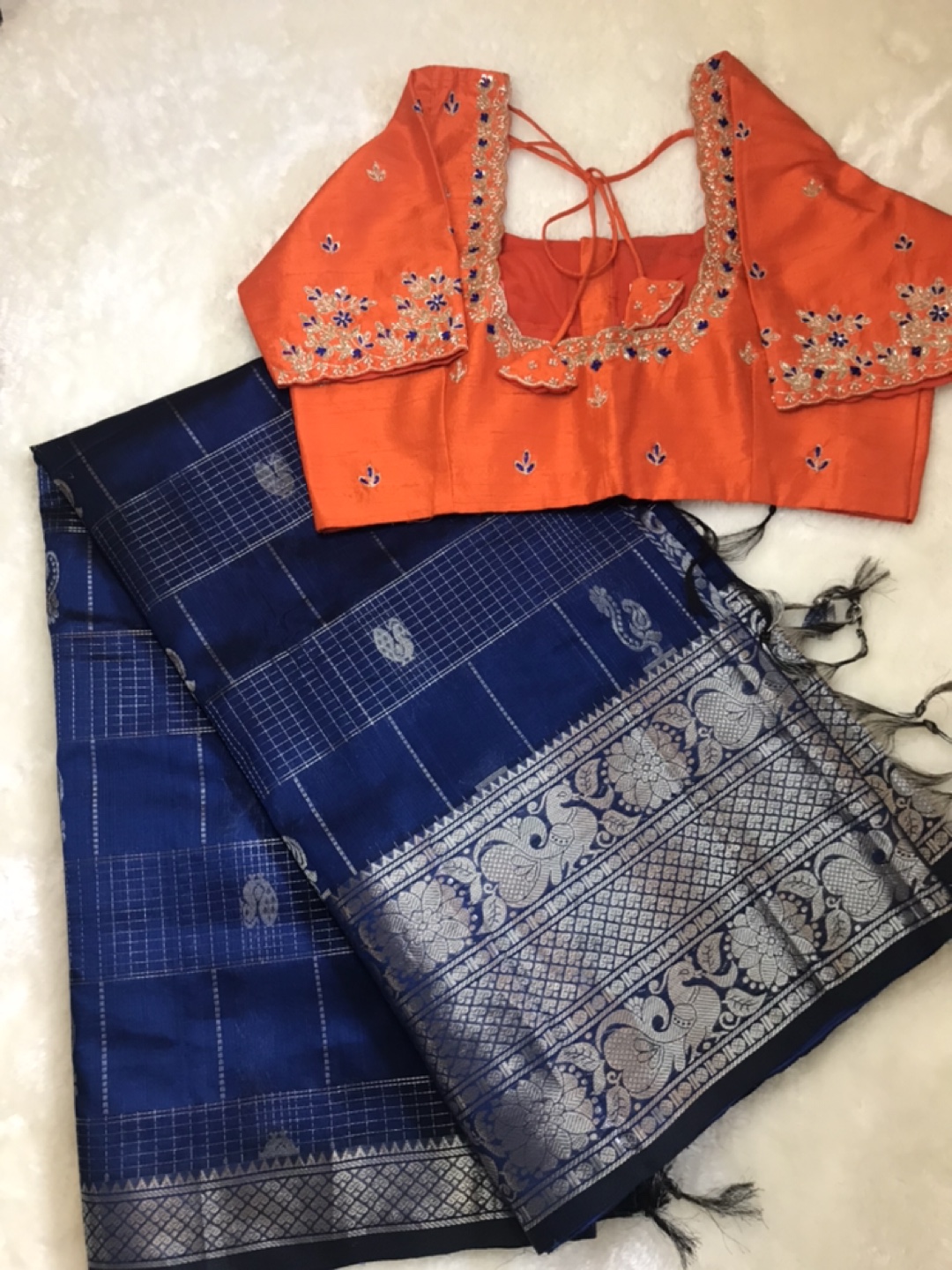 Blue & Orange Saree with Embellished Blouse - photo 3