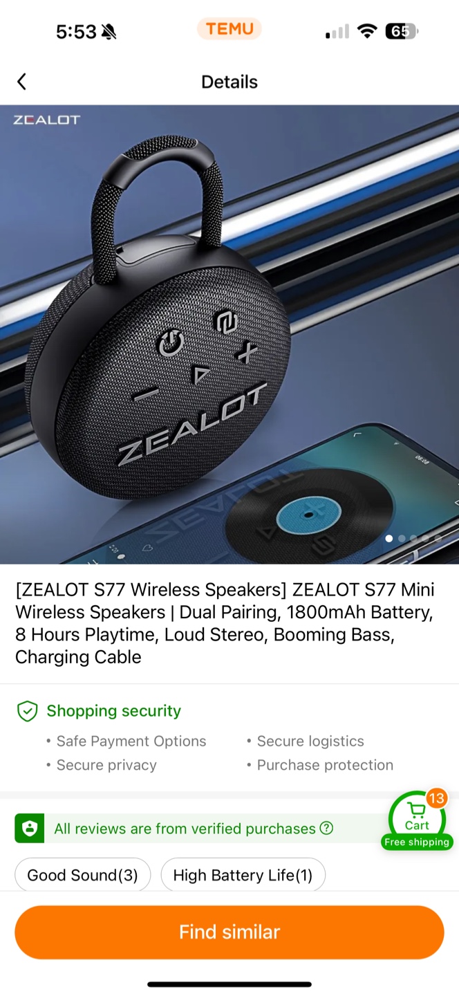 ZEALOT S77 Mini Wireless Speaker - Black - photo 2