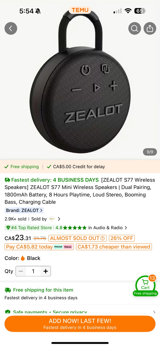 ZEALOT S77 Mini Wireless Speaker - Black - photo 3