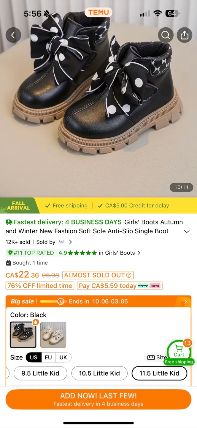 Brand new .Girls' Black Boots, Size 11.5 Little Kid image indicator(2)