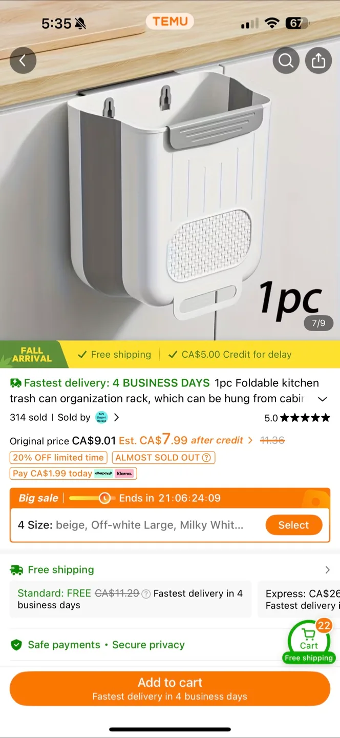 Foldable Kitchen Trash Can - Off-White, Large image indicator(2)