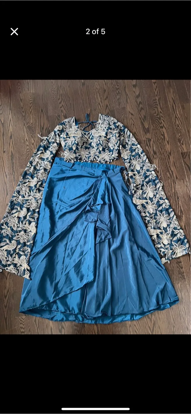 Blue Floral Embroidered drape skirt and  Choli Set thumbnail
