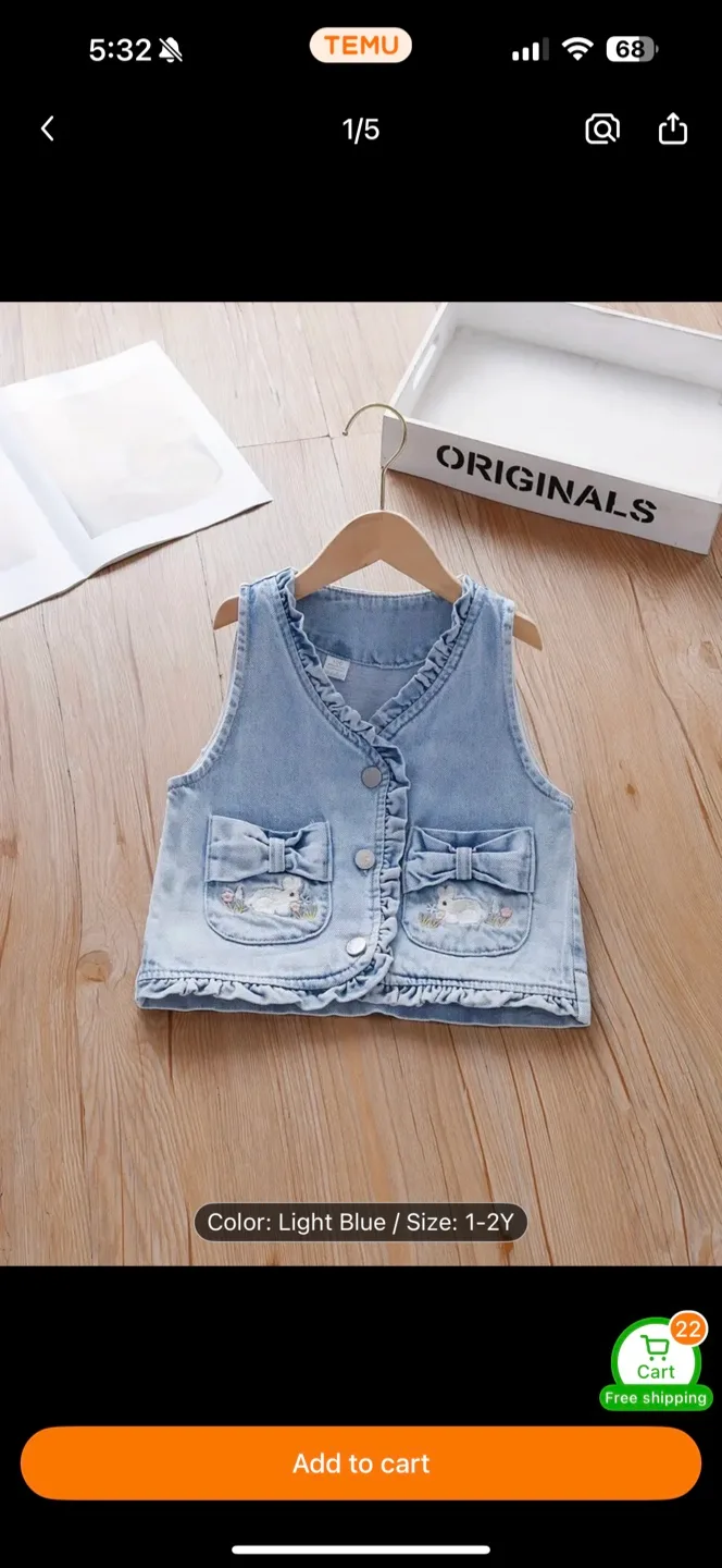 Cute Rabbits Denim Vest Cardigan - Size 1-2Y thumbnail