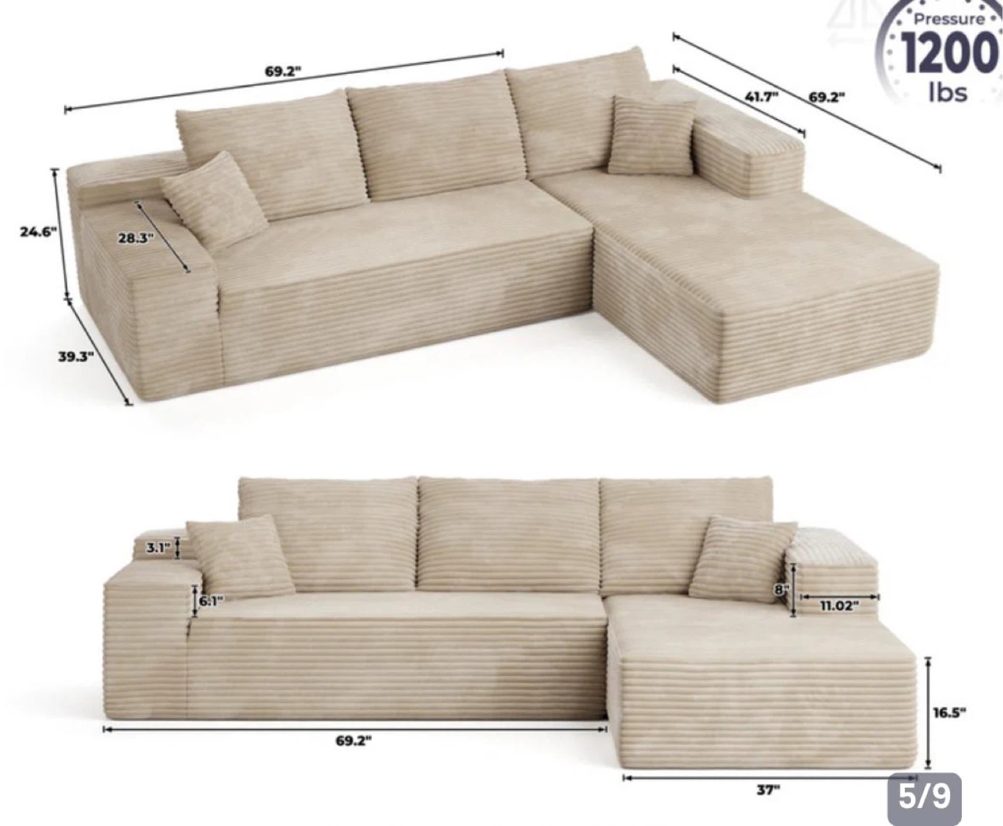 Corduroy Modular Sectional Sofa - photo 5