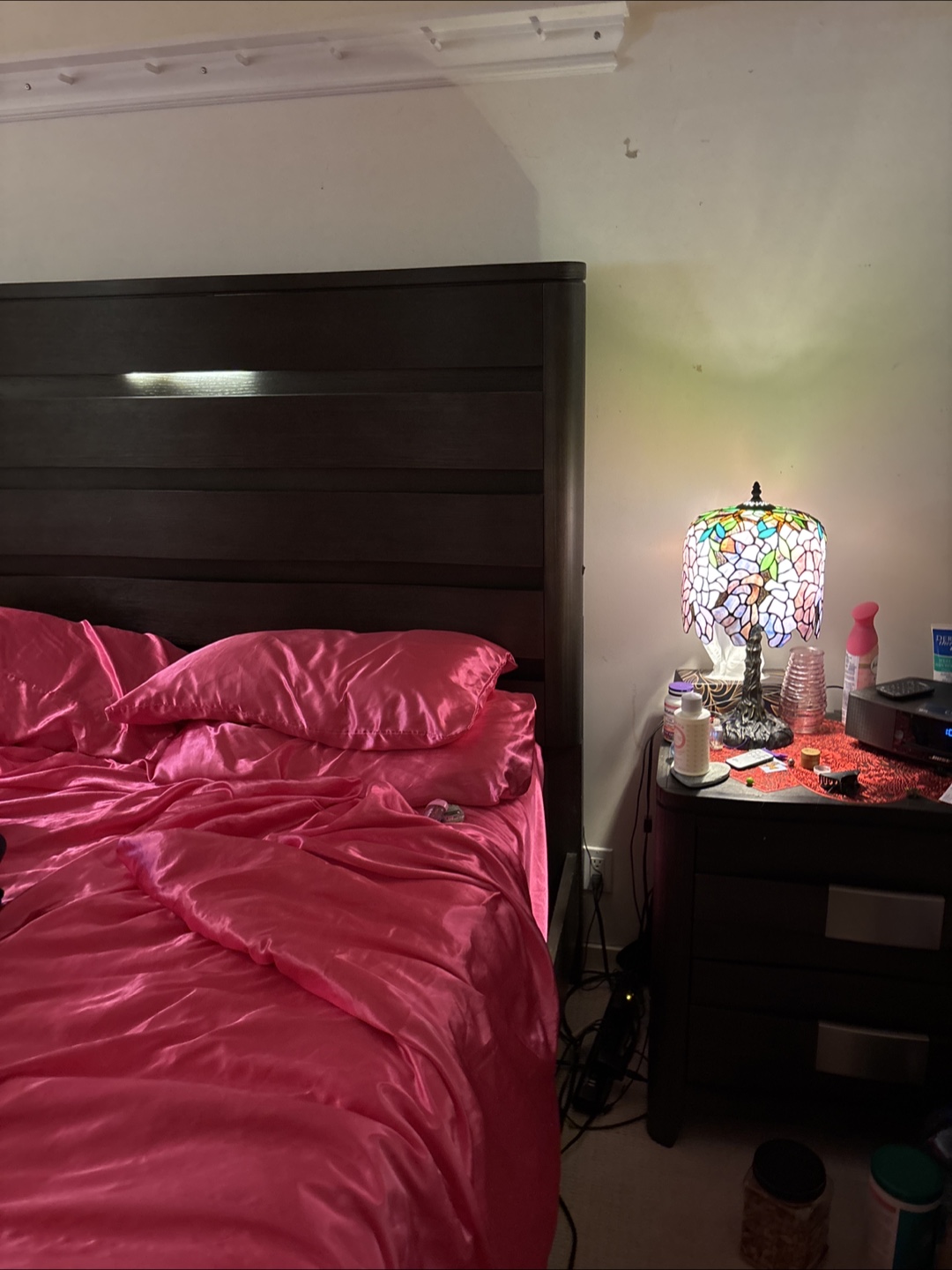 Queen size bed frame and night table with mattress