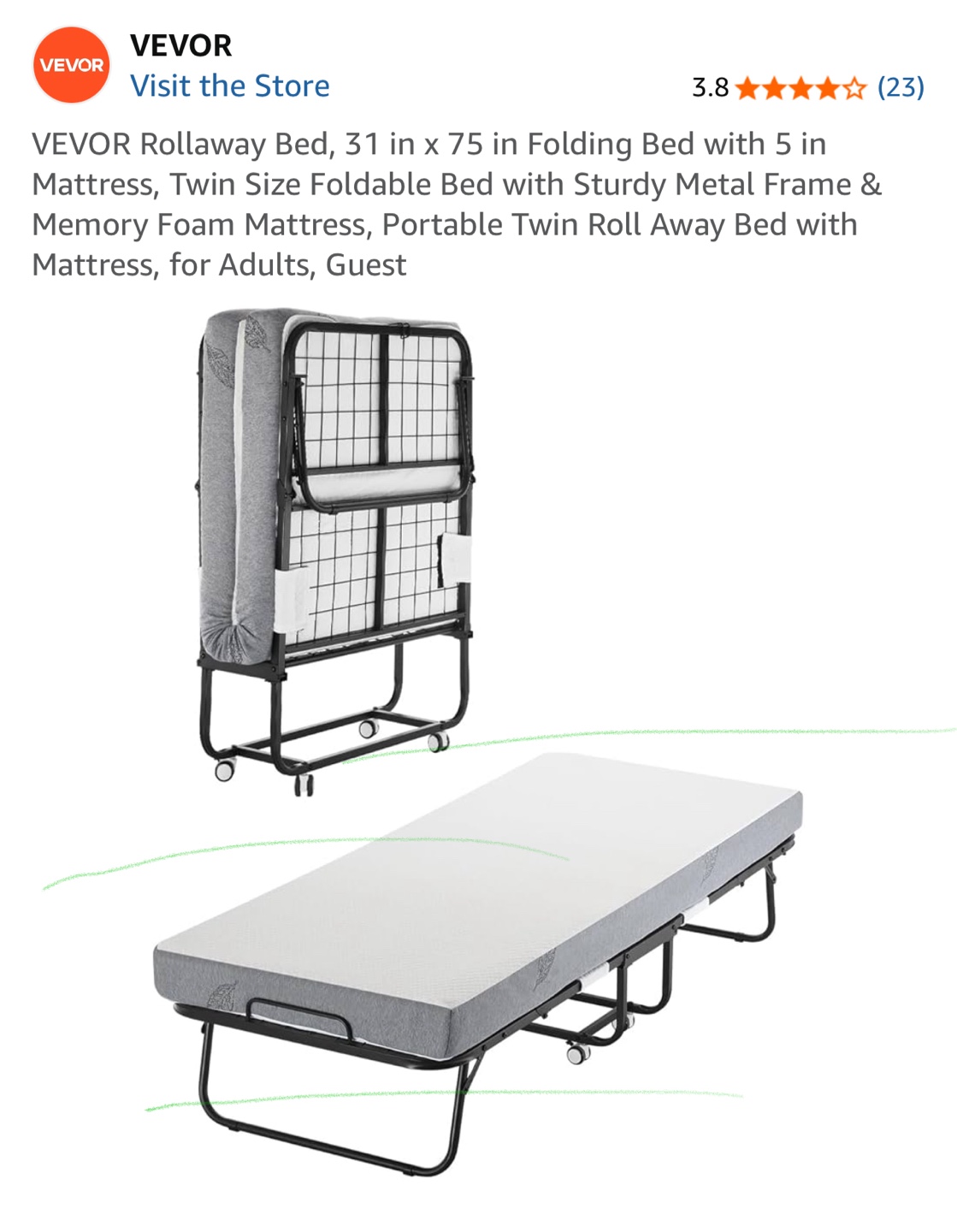 VEVOR Rollaway Folding Bed - Twin Size