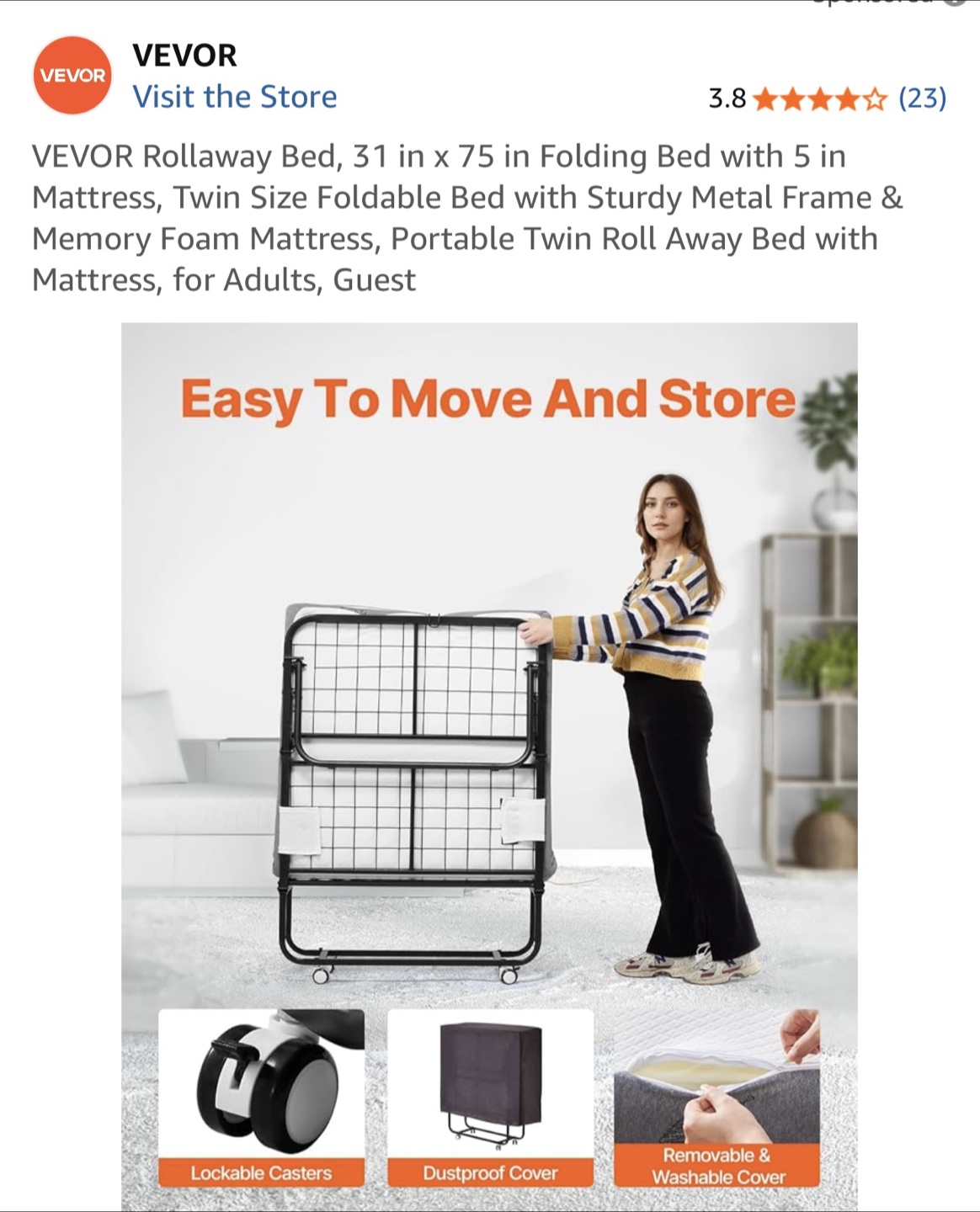 VEVOR Rollaway Folding Bed - Twin Size - photo 4