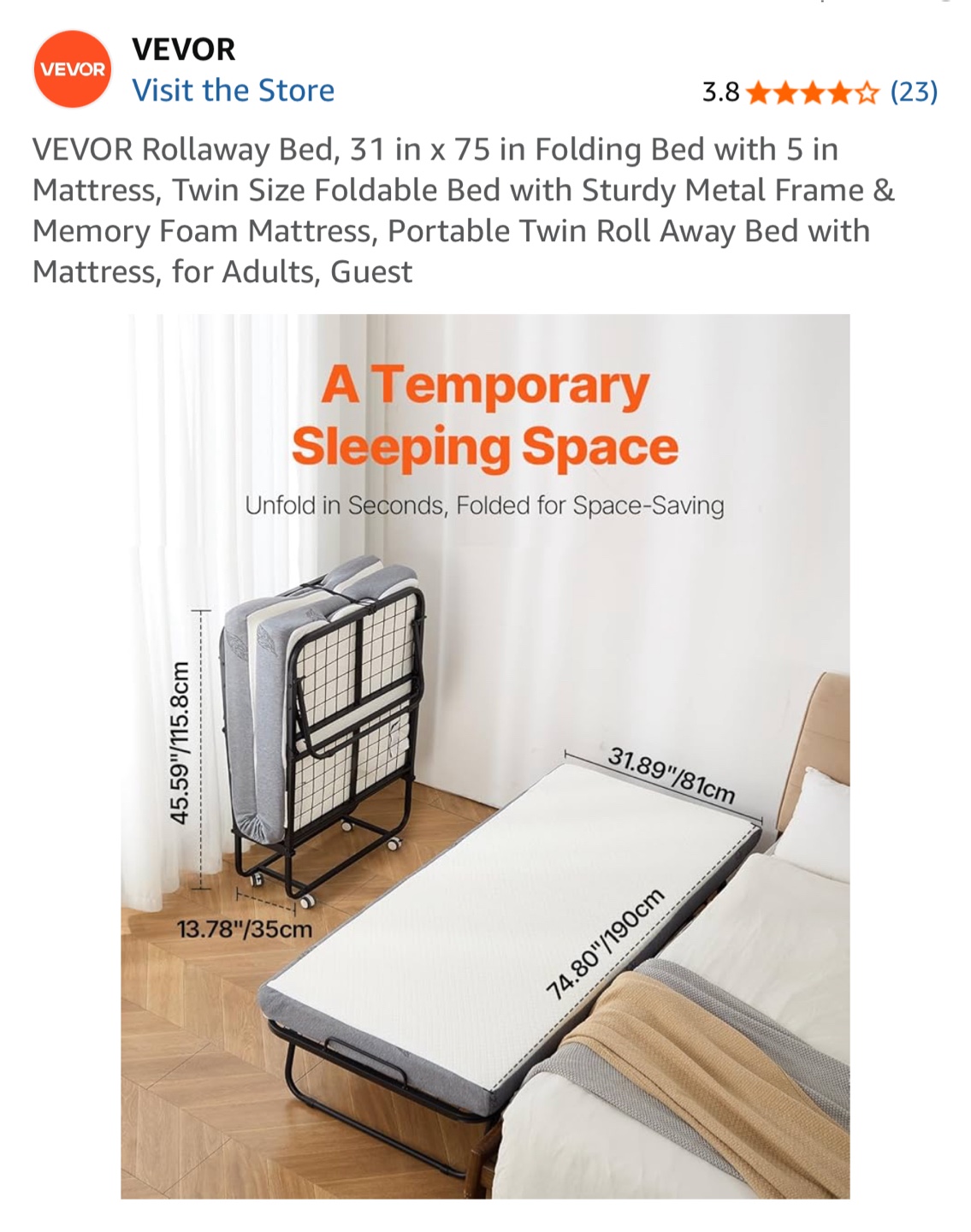 VEVOR Rollaway Folding Bed - Twin Size - photo 2