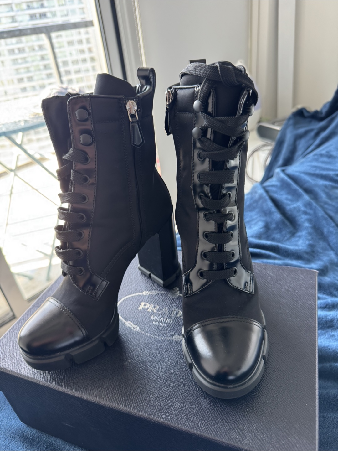 Prada Black Leather & Nylon Heeled Boots - Size 36.5 - photo 4