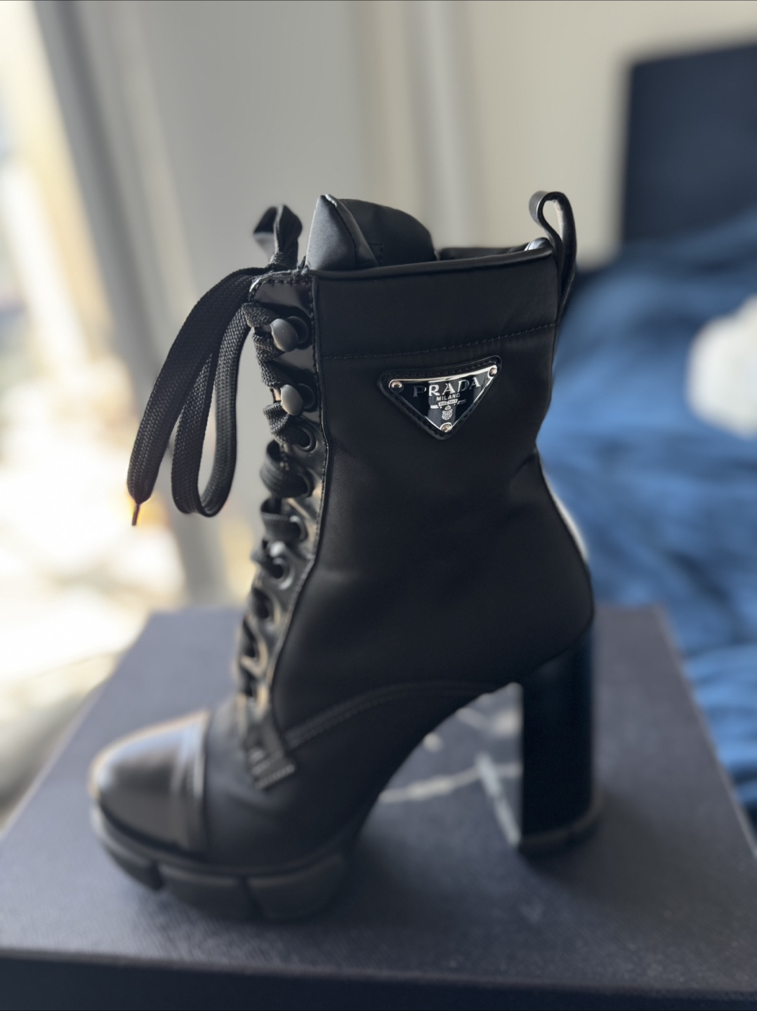 Prada Black Leather & Nylon Heeled Boots - Size 36.5