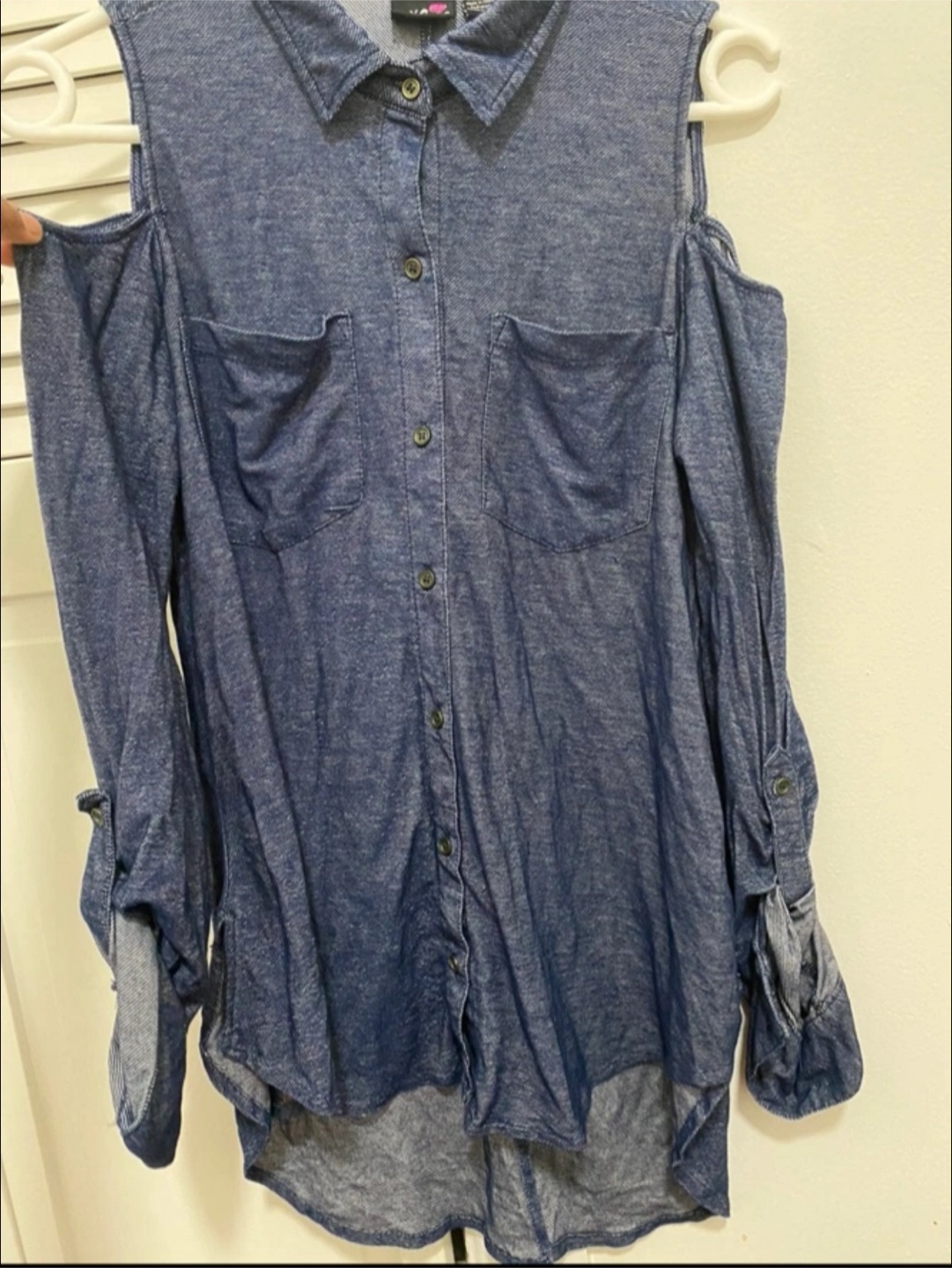 Love Tree Blue Cold Shoulder Denim Shirt