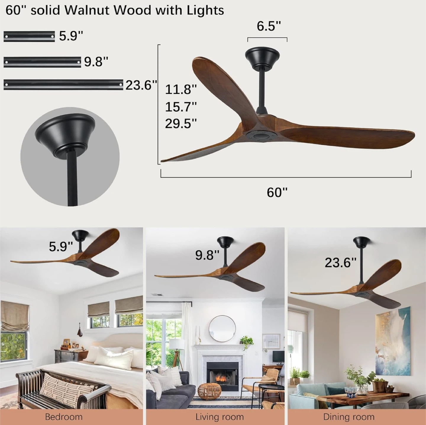 60” Noiseless Ceiling Fans, Remote & App Control, Solid Wood- NE - photo 3