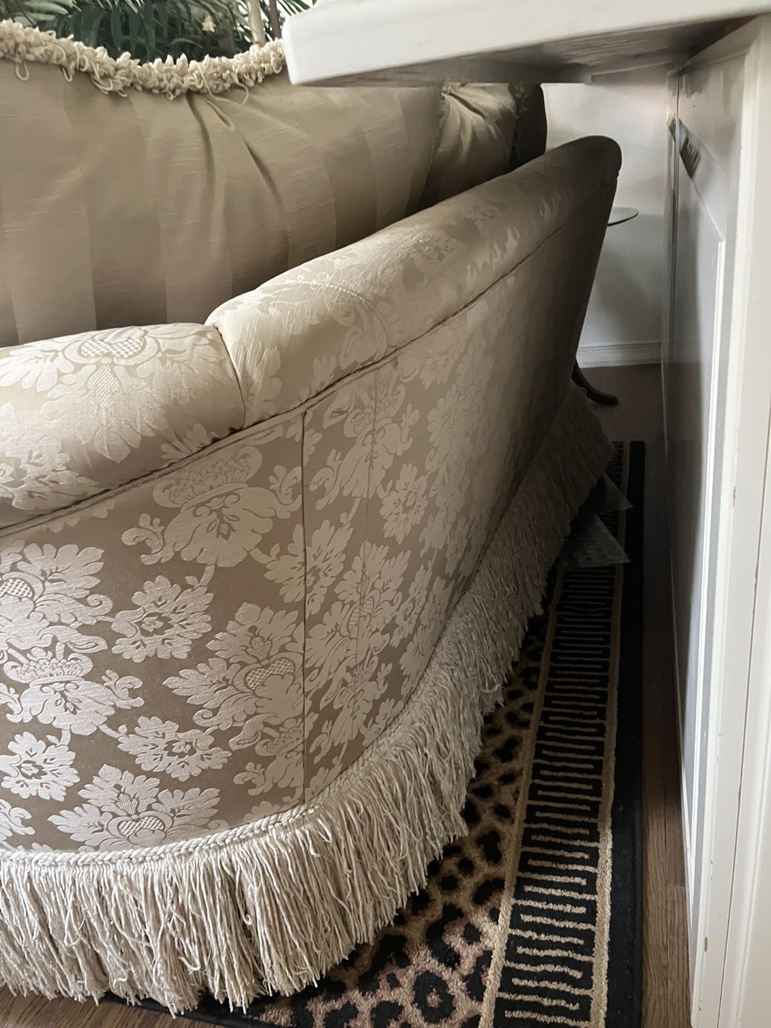 Taupe sofa satin like material , fringe bottom - photo 2