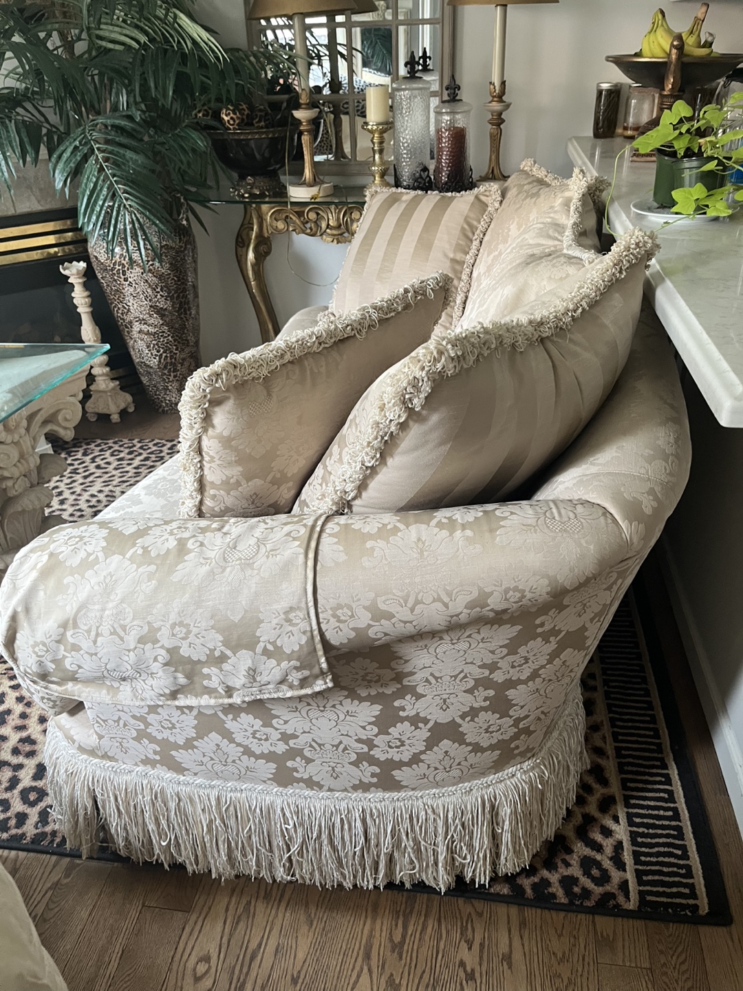 Taupe sofa satin like material , fringe bottom