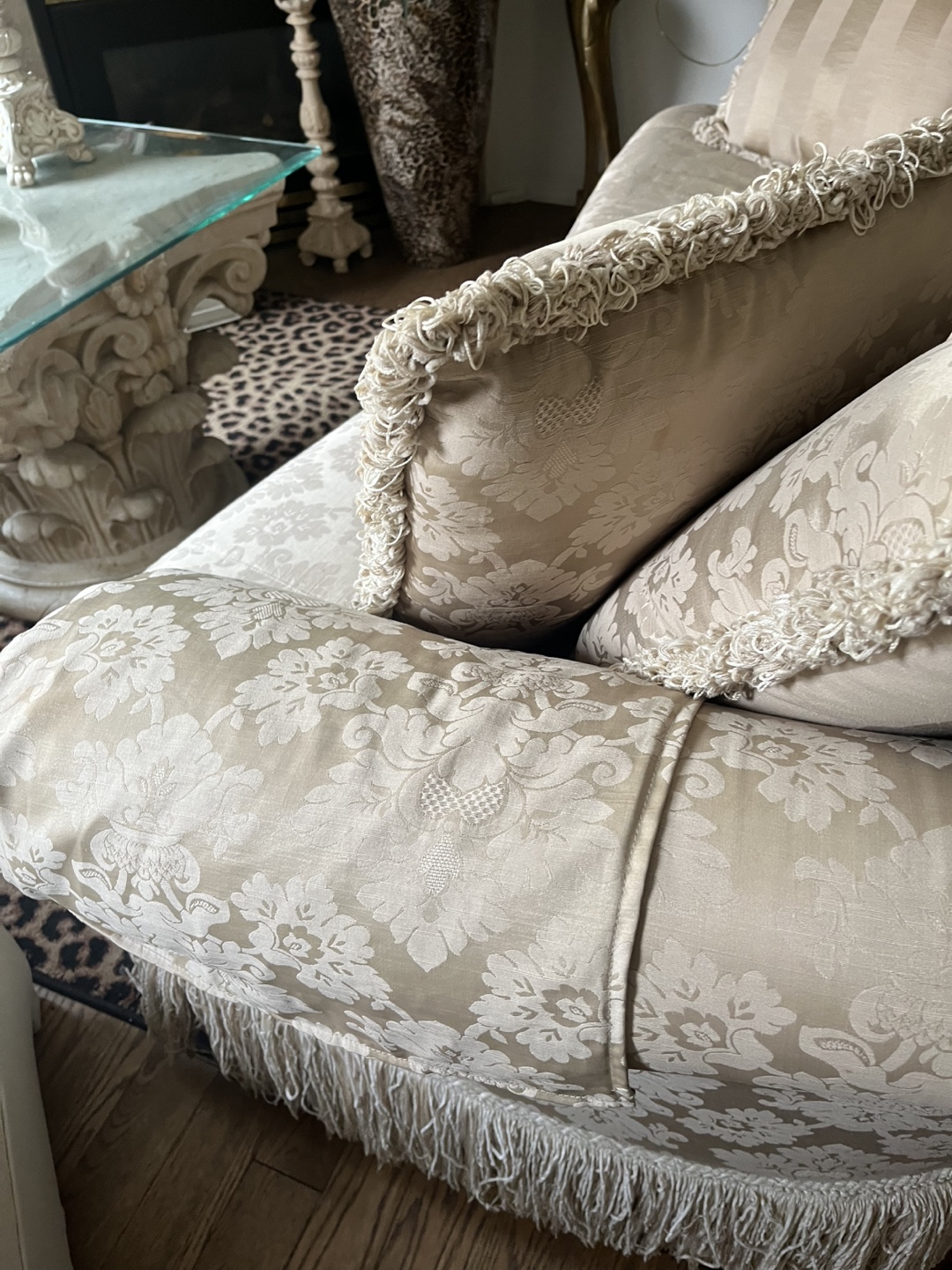 Taupe sofa satin like material , fringe bottom - photo 3